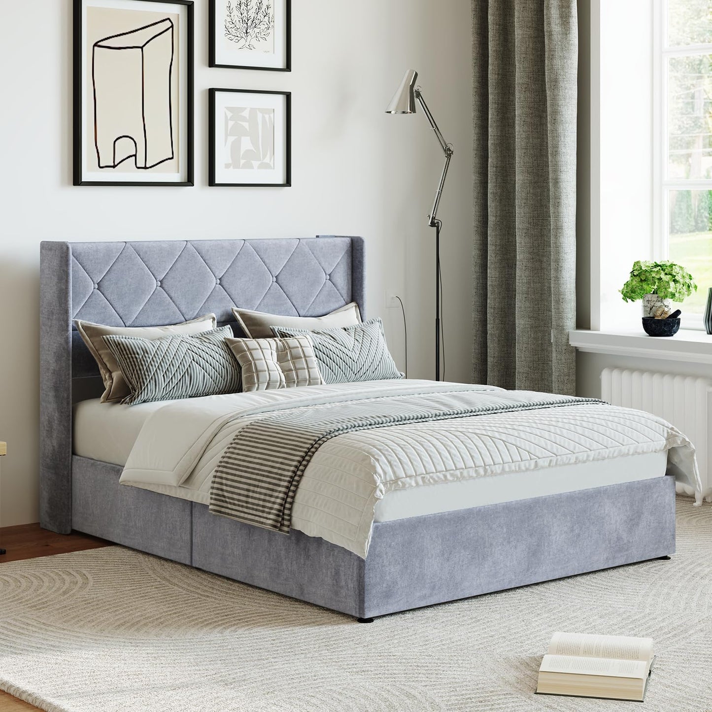 OLIXIS Full Size Lift Up Storage Bed with Wingback Headboard, Modern Upholstered Platform Bed Frame, Hydraulic Underneath Storage Space, Soft Velvet Platform, No Box Spring Needed, Grey
