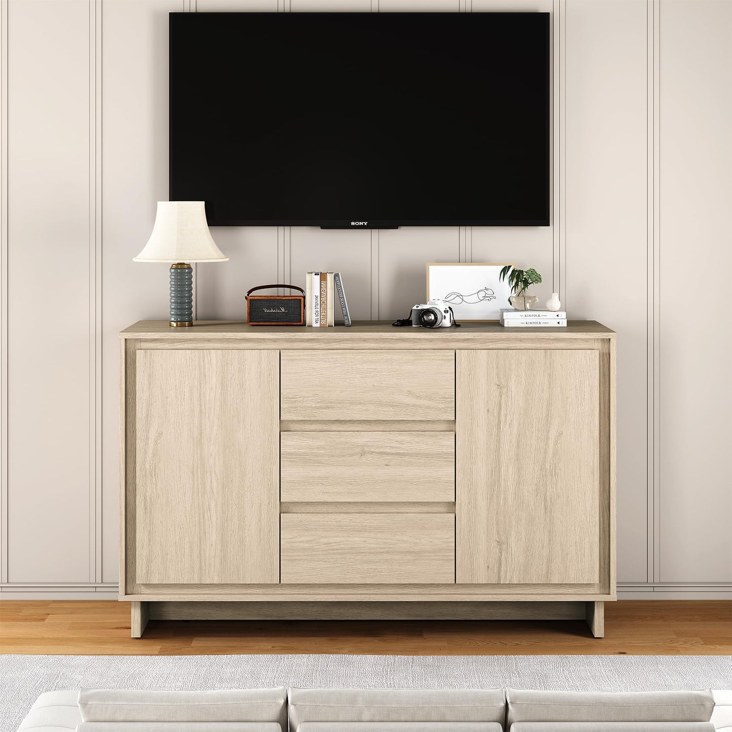 RoyalCraft Buffet Cabinet with Storage, Modern Wood Sideboard Credenza with 2 Doors and 3 Drawers, Coffee Bar Cabinet with Adjustable Shelves for Kitchen, Living Room, Dining Room, Entryway, Beige