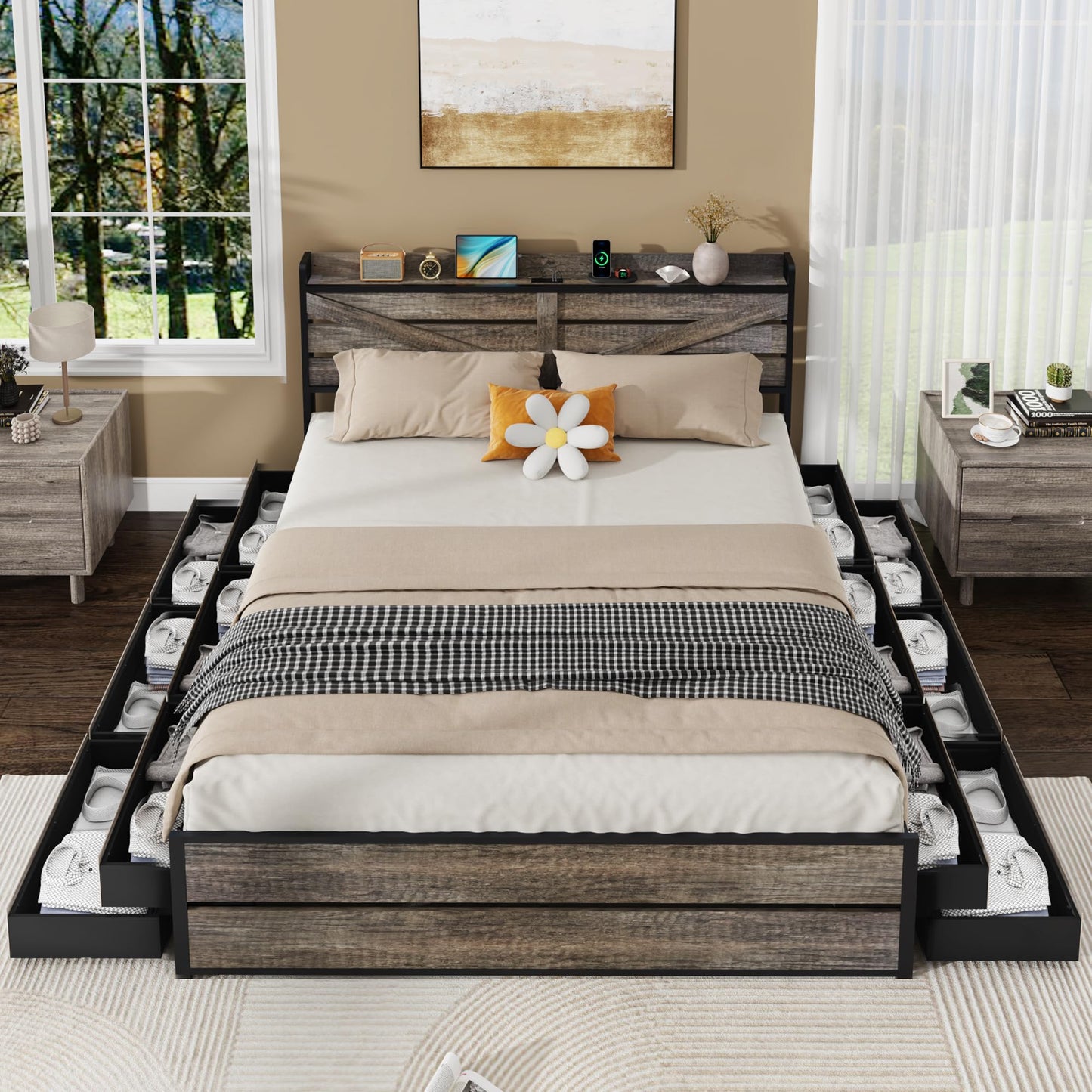 KEIKI King Size Bed Frame with Storage Headboard and 12 Drawers, Metal Platform Bed Frame with Charging Station, Noise Free Heavy Duty Mattress Foundation, No Box Spring Needed, Black