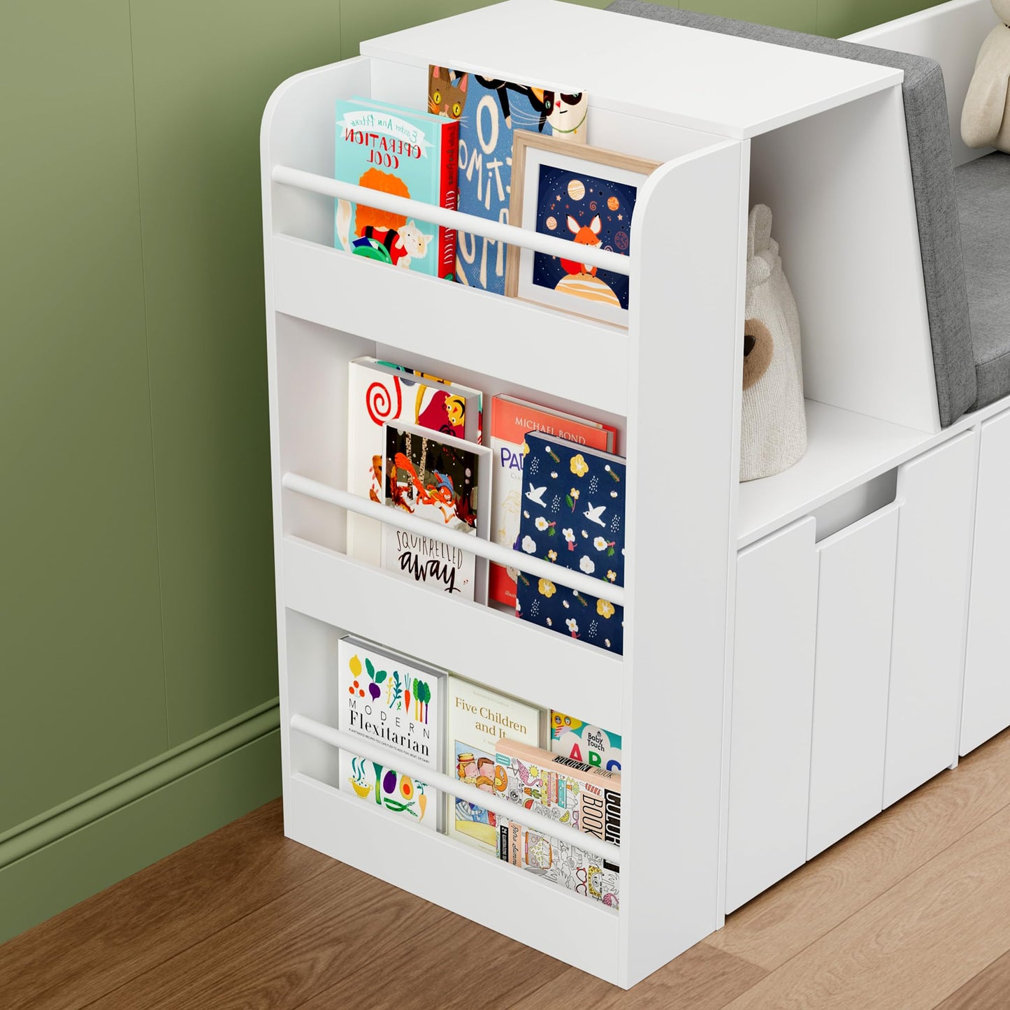 BOTLOG 61.5" Kids Reading Nook with 3-Layer Bookshelf, Reading Nook for Kids with Double Bench and Rolling Drawers, Bookshelf and Toy Storage for Nursery, Playroom (White)