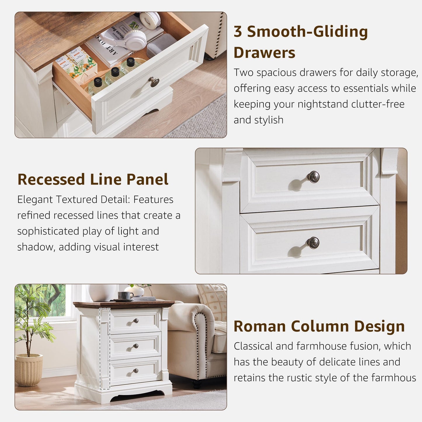 T4TREAM Farmhouse Nightstand Set of 2, 23.6" End Table with 3 Drawers Storage, Wood Side Table w/Roman Column, End Tables Living Room Set of 2, Bedside Cabinet for Bedroom, Living Room, Antique White