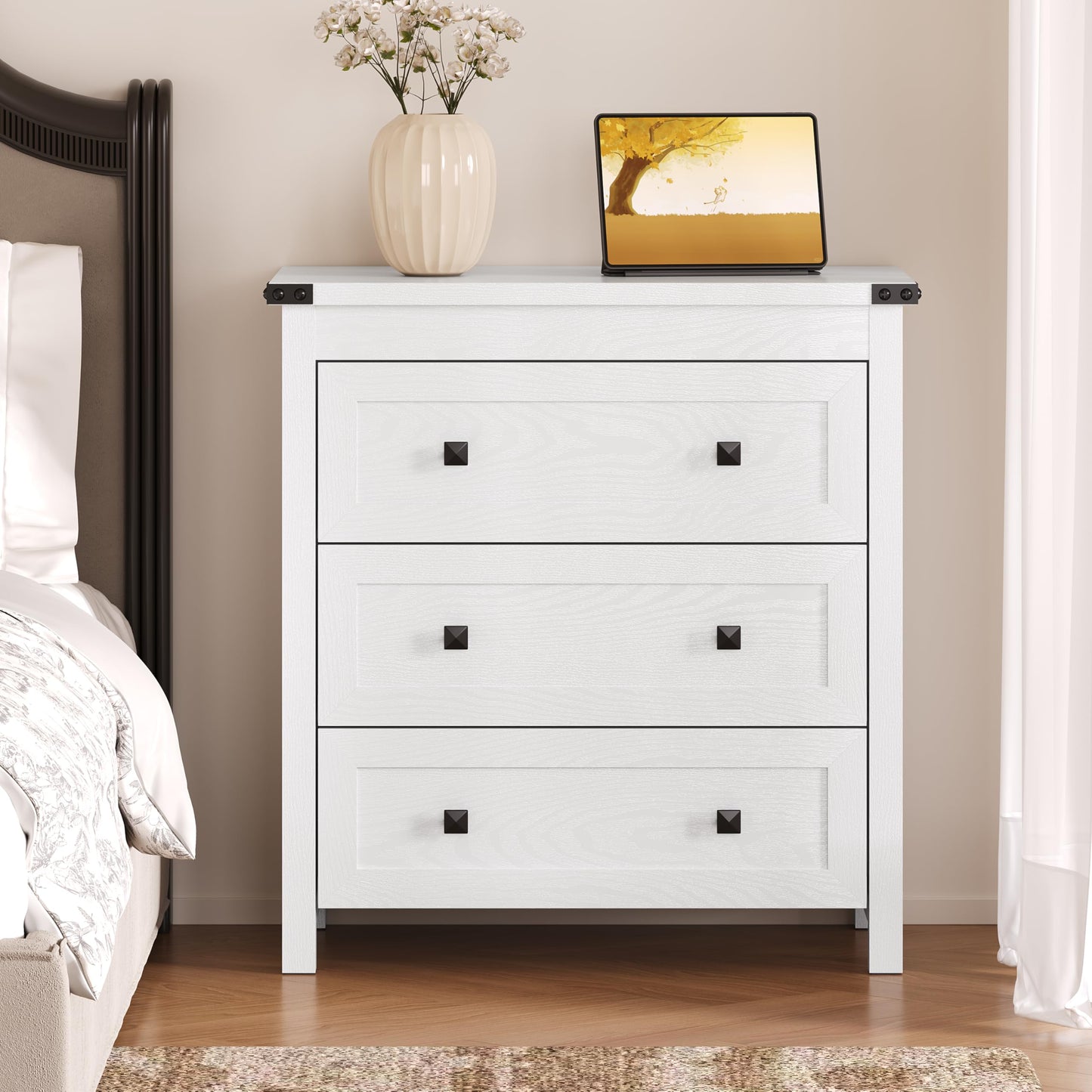 BORNOON 3-Drawer Night Stand Set of 2, Modern Bedside Table Dresser with Metal Handles, Sturdy Wooden End Side Table Storage Cabinet with Anti-Tipping Design for Bedroom