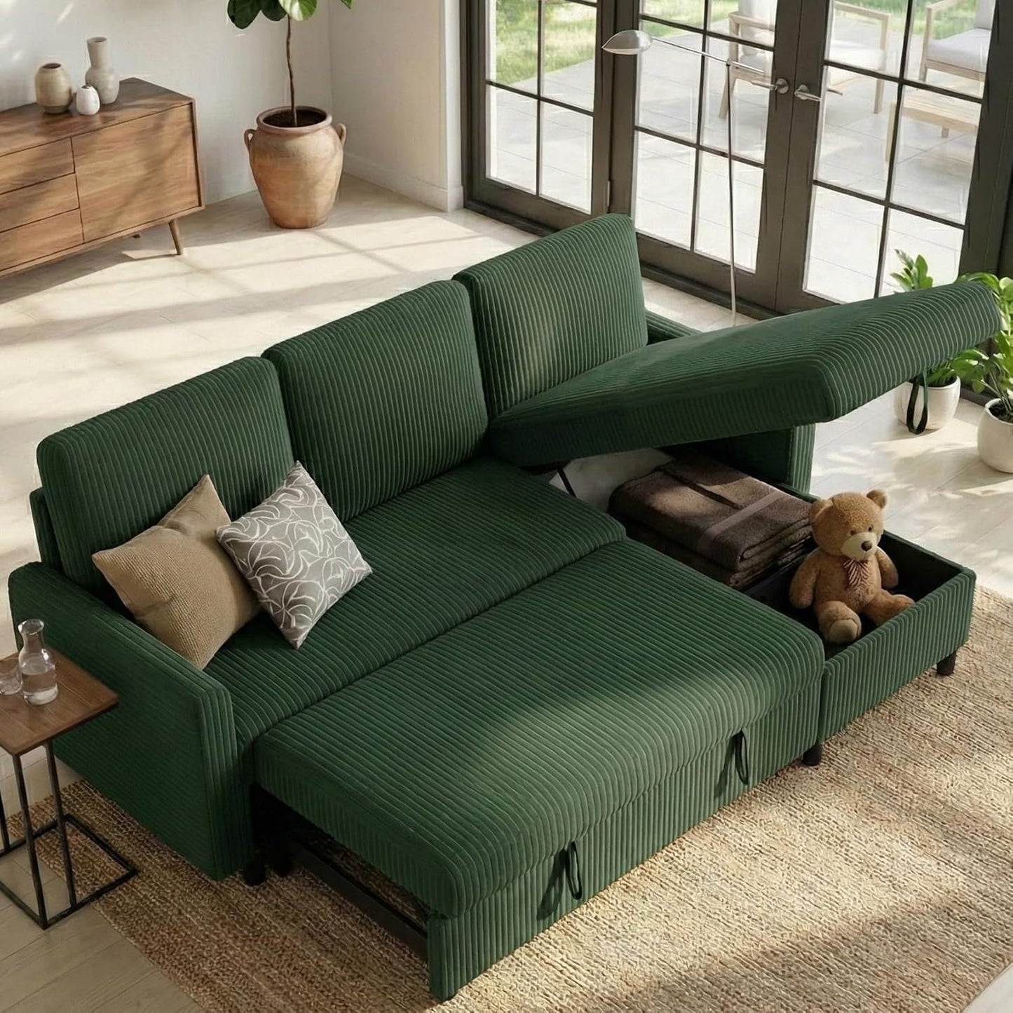Shintenchi Futon Sofa Bed Convertible Couches L Shaped, 4‑in‑1 Sectional Sleeper Sofa Pull Out Couches for Living Room, Multifunctional Couch with Storage Chaise Corduroy Fabric, Green