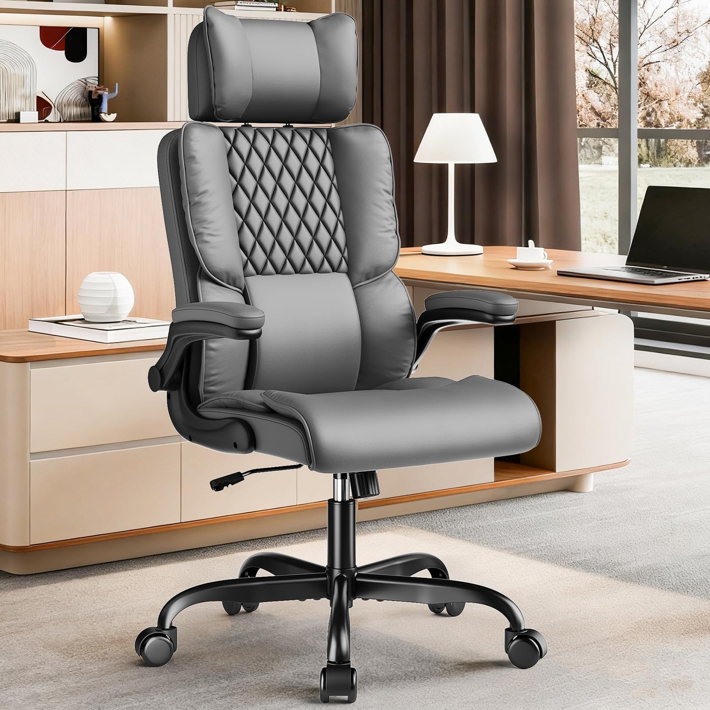 Sytas Ergonomic Office Chair with Adjustable Headrest, Executive Leather Desk Chair with Upgraded Lumbar Support for Lower Back Pain Relief, Thickened Backrest Computer Chair for Home Office, Gray