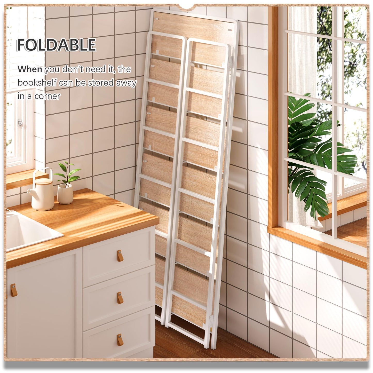 4NM No Assembly 6 Tiers Folding Bookshelf Storage Shelves Vintage Bookcase Standing Racks Study Organizer Home Office (Natural White)