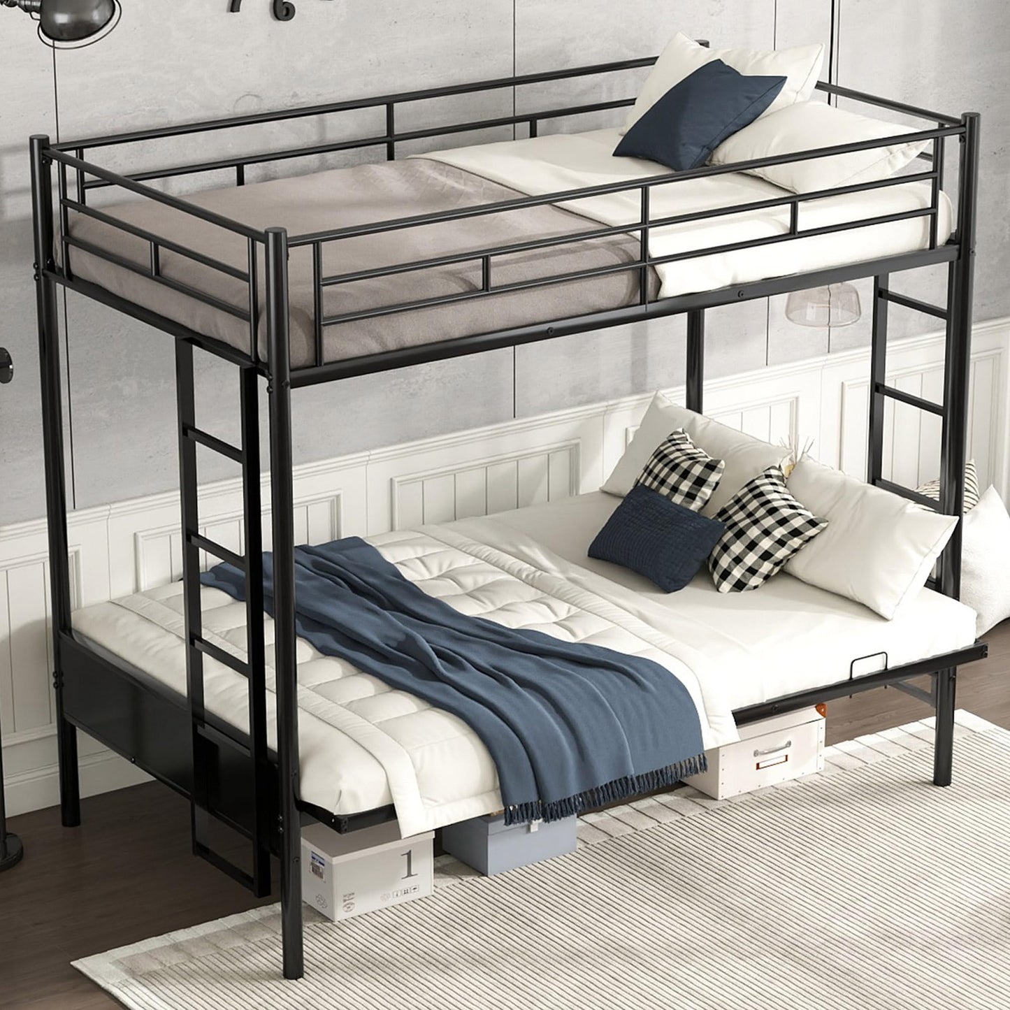 Bellemave Twin Over Futon bunk Bed, loft Bed with futon, Twin Over Full Futon bunk beds, No Box Spring Needed, Black