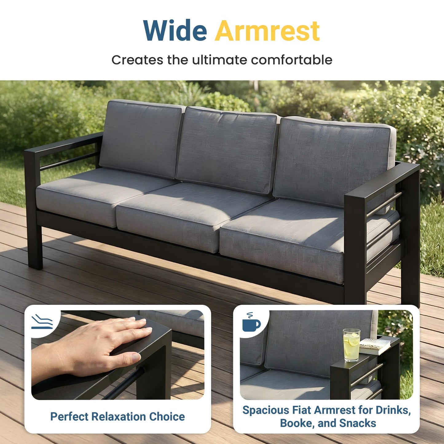 Wisteria Lane Aluminum Patio Furniture Set for All Weather, Oversized Metal Outdoor Furniture Set with 27.5" Deep Seat and 10" Back Cushion, Patio Conversation Sets with Wide armrest, Light Gray