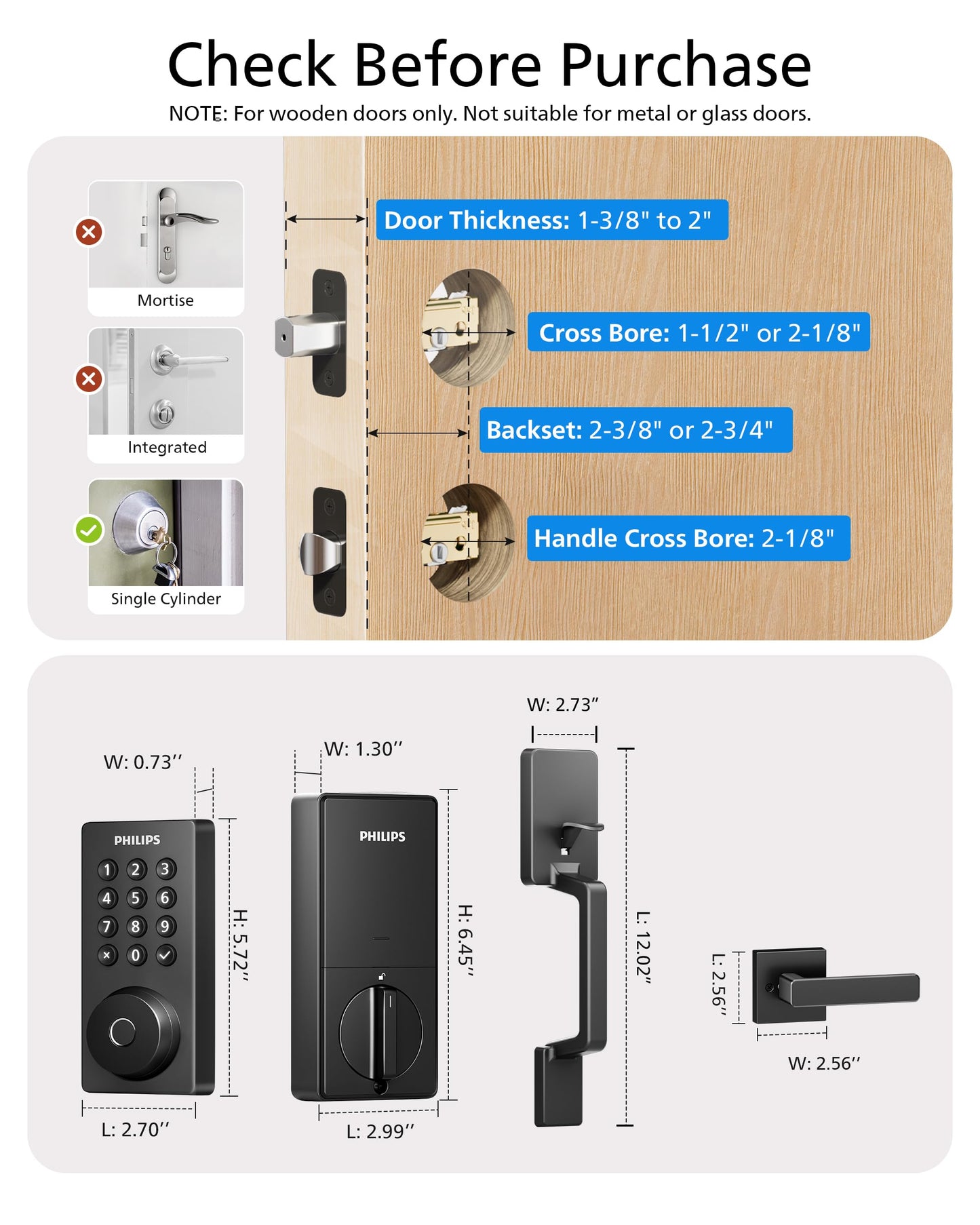 Philips Wi-Fi Smart Door Lock with Handle Set, Keypad Deadbolt for Front Door, Fingerprint Keyless Entry Door Lock with App Remote Control, IP53 Waterproof, Auto Lock, Security Easy Installation