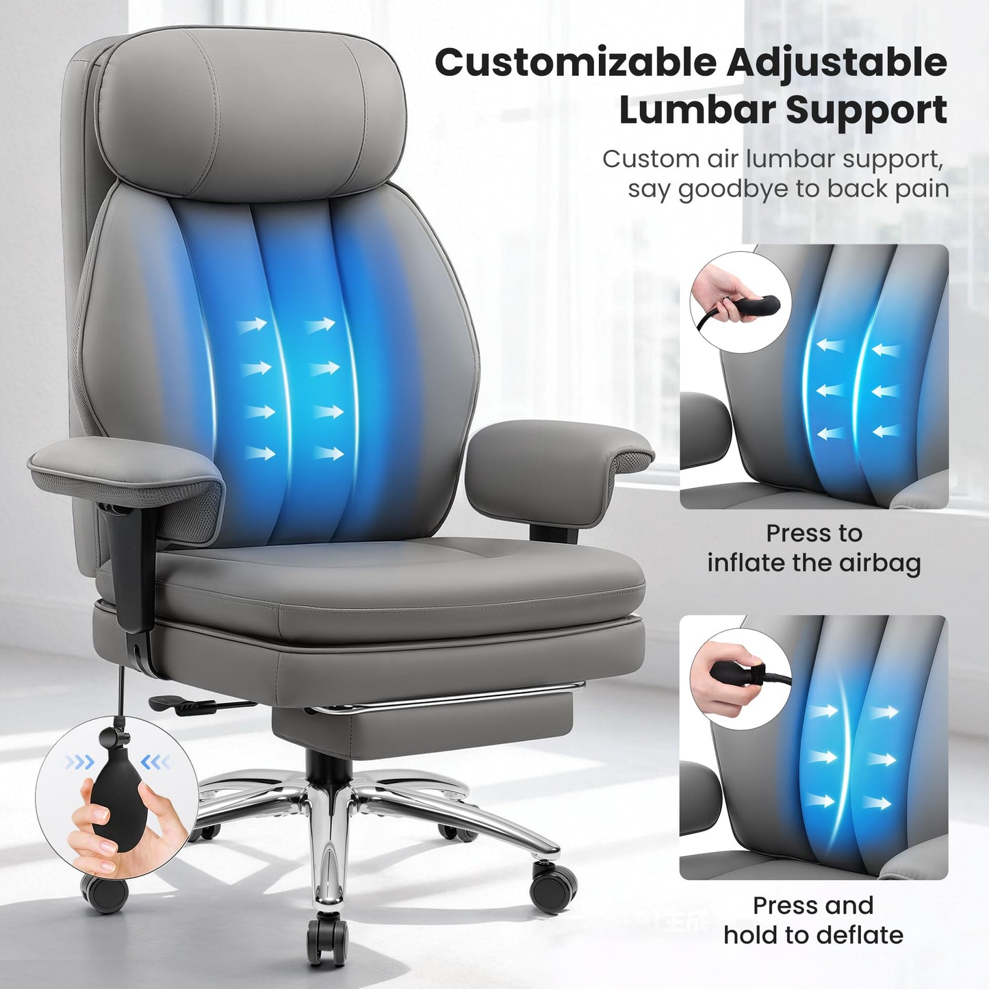 BestGlory Office Chair with Inflatable Lumbar Support & Footrest, Gray