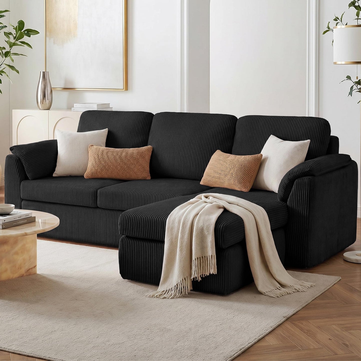 Vongrasig Boneless Convertible Sectional Sofa Couch, 3 Seat L Shaped Sofa with Removable Pillows Plush Corduroy Fabric Small Couches for Living Room, Apartment and Office, Black