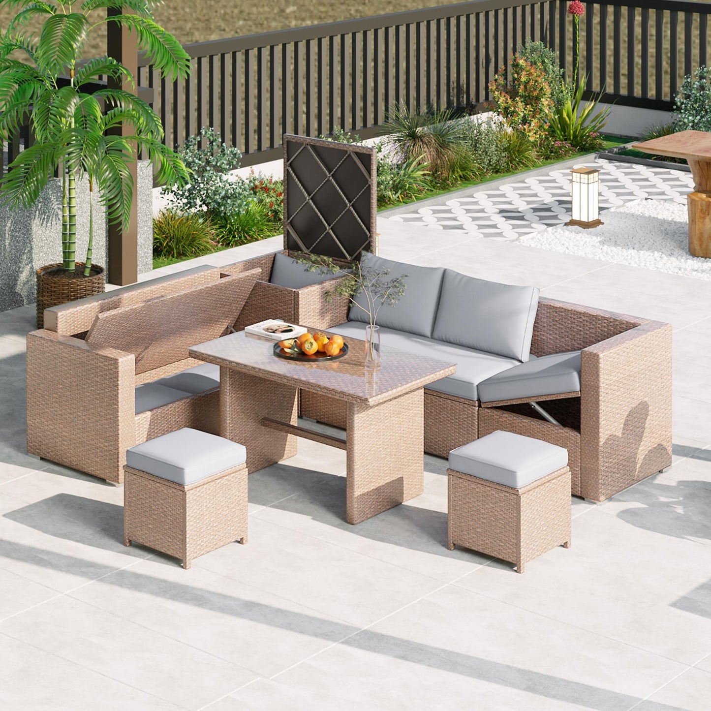 GDFStudio Julian Patio 6-Piece Conversation Set, Outdoor Wicker Sectional Sofa Set with Storage Box, Adjustable Seat Sofa, Tempered Glass Coffee Table and Stools, PE Rattan Furniture Set, Light Grey