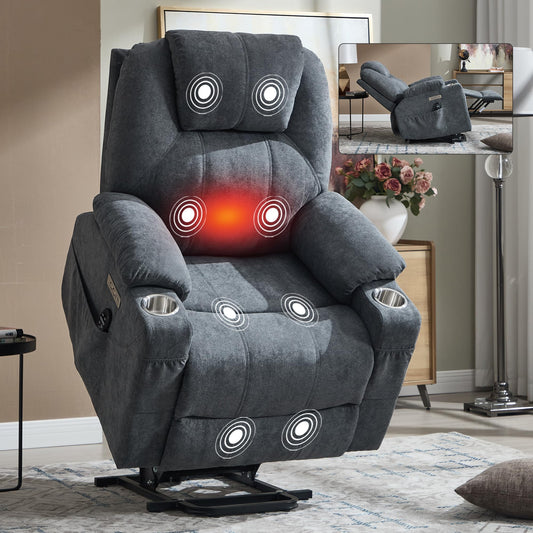 KEIKI Large Dual Motor Power Lift Recliner Chair for Adults, Polyester Rocking Chair with Back Massager and Heated, USB and Type-C Ports, Cup Holders, Modern Comfortable Living Room Chairs, Grey