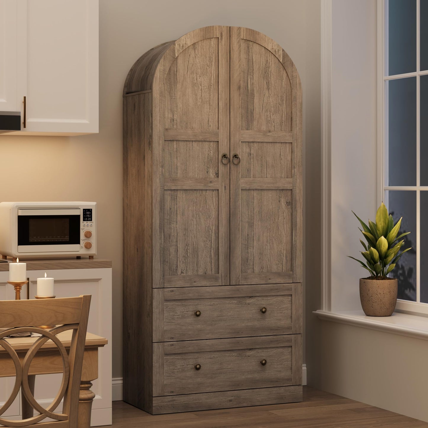 Garvee 72" Tall Dome Bookcase with Drawers, 4-Tier Wooden Bookshelf Storage Cabinet with Door, Farmhouse Arched Cabinet with Storage, Wood Arch Bookcase for Home Office, Living Room, Gray