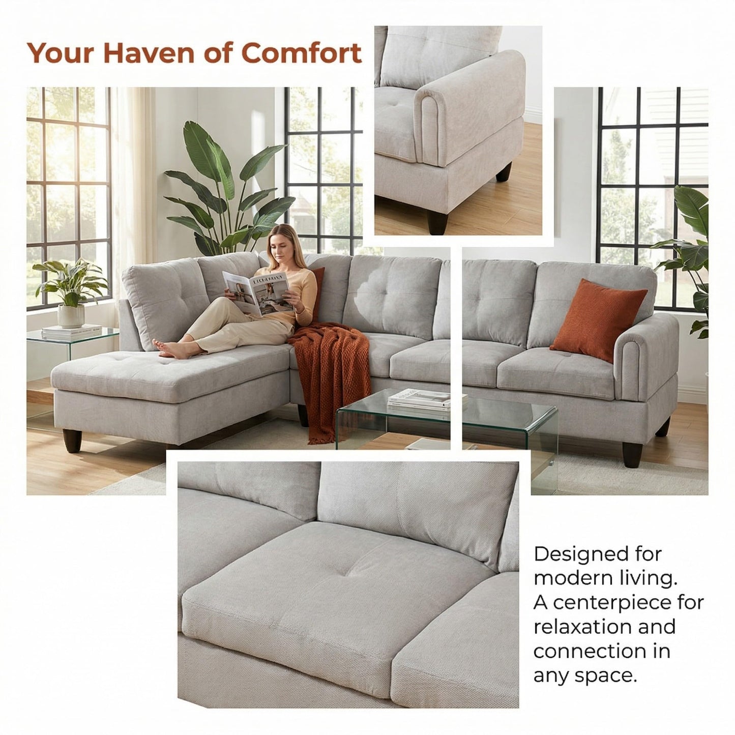 NicBex Comfy Couches for Living Room, 2-Piece 97" L-Shaped Sectional Couch with Movable Chaise, Modern Sofa Living Room Set for Apartment, Office & Bedroom, Grey White