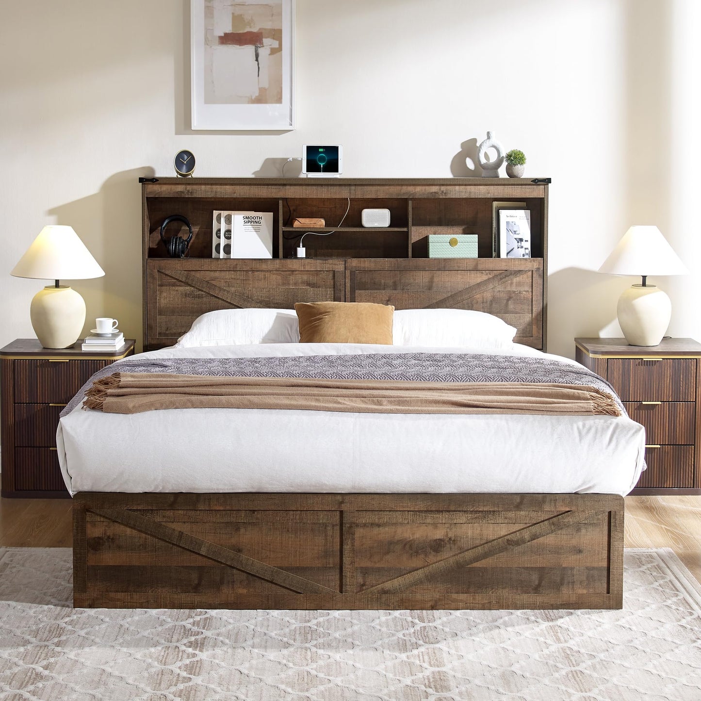 ACCOHOHO Farmhouse Queen Size Bed Frame with 52" High Storage Bookcase Headboard and 4 Drawers,Wooden Bed Frame with LED Light and Charging Station,Light Brown