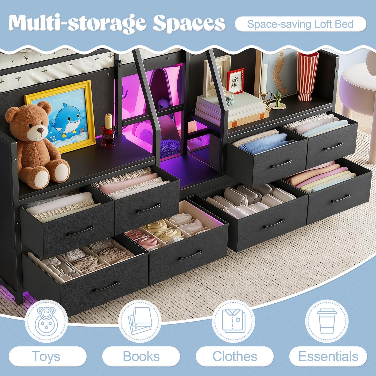 Bellemave Twin Size Low Loft Bed with 8 Drawers, Storage Shelves & LED Lights, Metal Low Loft Bed Frame with Multi-Storage & Under-Bed Spaces for Kids Girls Boys, Black