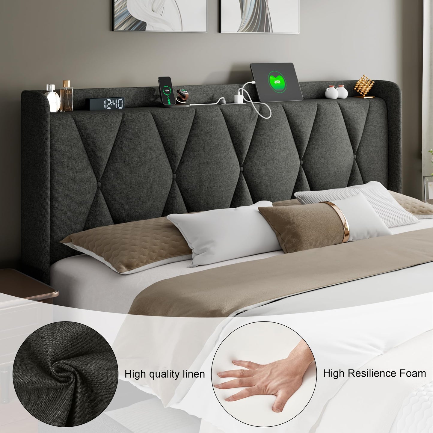 Feonase King Size Bed Frame with 4 Storage Drawers, Upholstered Platform Bed with Charging Station, Wingback Storage Headboard, Wooden Slats Support, No Box Spring Needed, Easy-Assembly, Dark Grey
