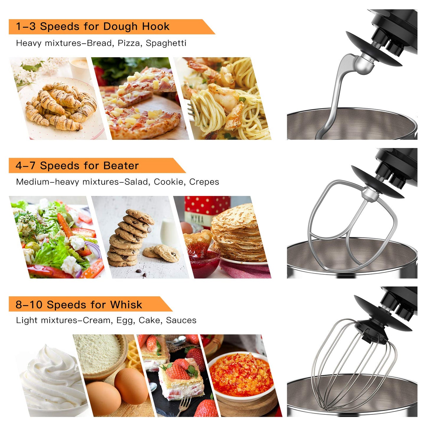 GarveeTech Stainless Steel 1 Black 42*40*28 cm Enhanced Mixing Power With 7.5 QT Stand Mixer - 10-Speed, 3 in-1 Design, Stainless Steel Bowl, Egg Whisk, Dough Hook, Beater, Compact for Home Cooking