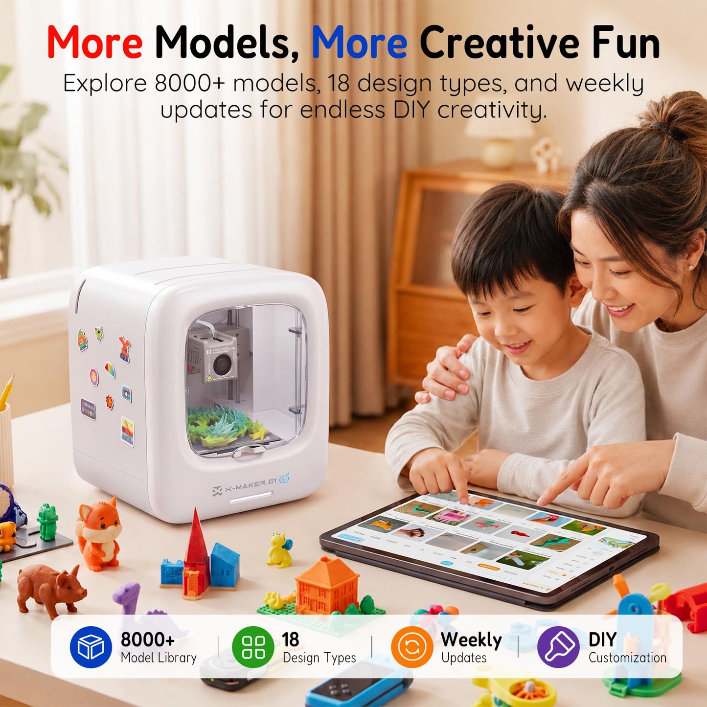 AOSEED 3D Printer for Kids, Fully Assembled AI 3D Printer with 8,000+ Models & 17+ Modules, 400mm/s High Speed, Leveling Free, STEM Toy Gift with 8 PLA Filaments for Home & School, X-Maker Joy AI+