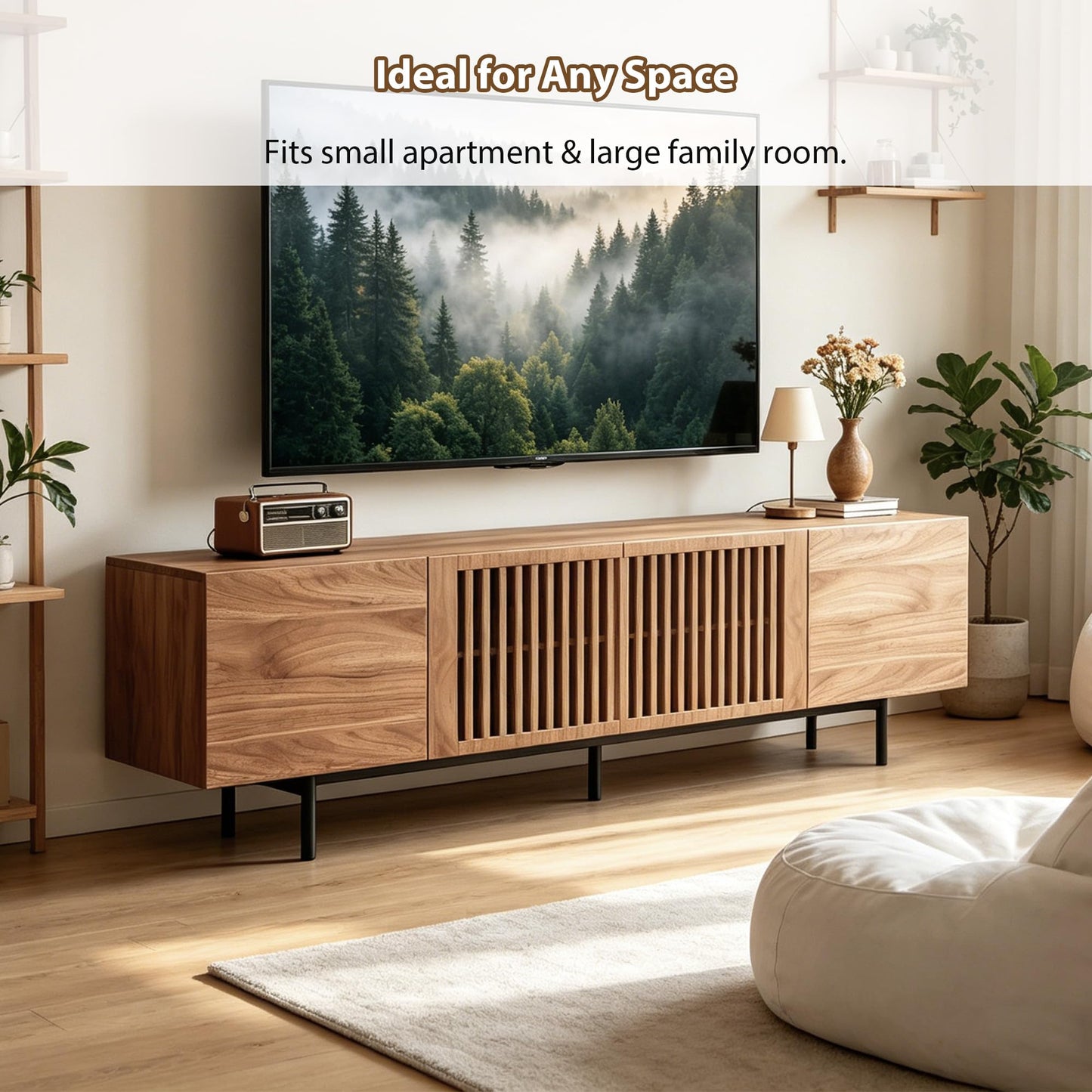 gaoyangjiaju 70.87" Mid Century Modern TV Stand, Walnut Media Console for 70 Inch TVs, Entertainment Cabinet with 4 Storage Compartments for Living Room or Bedroom