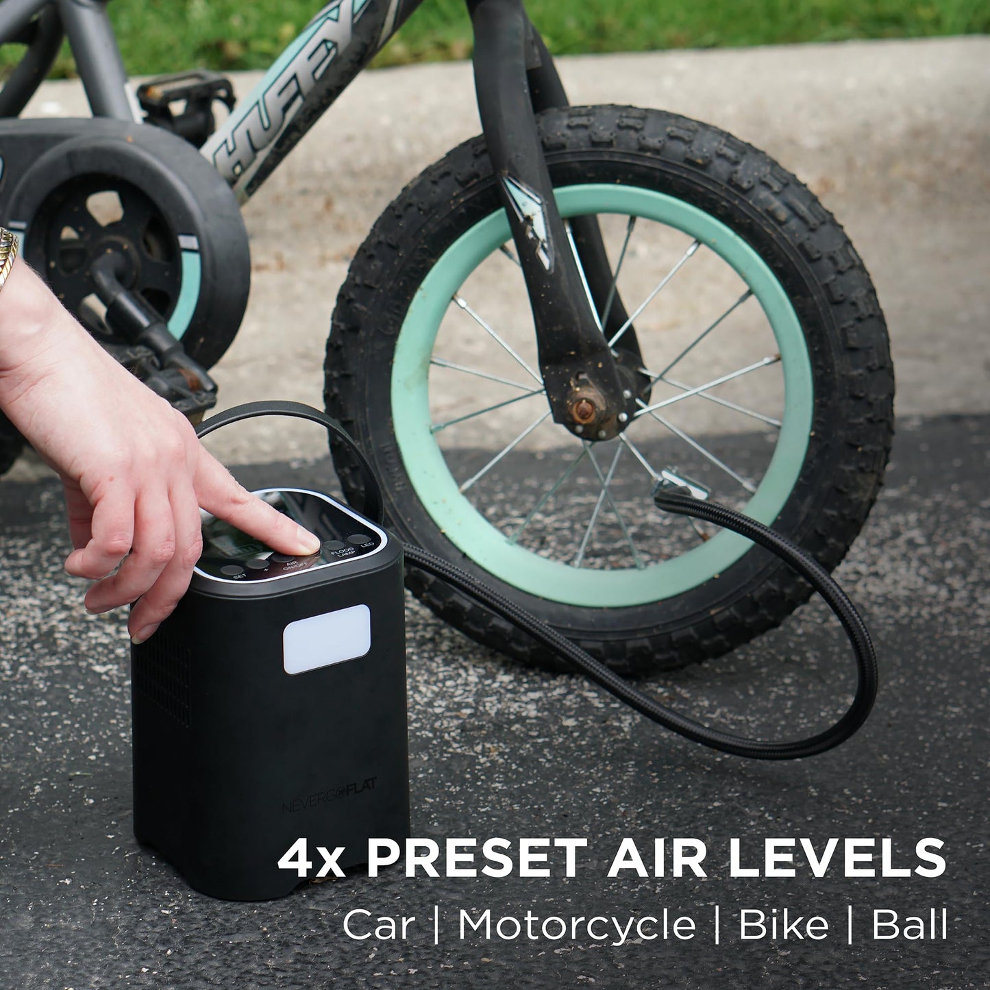 NeverGoFlat 150 PSI Air Compressor and All-in-One Emergency Tool with Emergency Lighting and 4,000mAh Power Bank