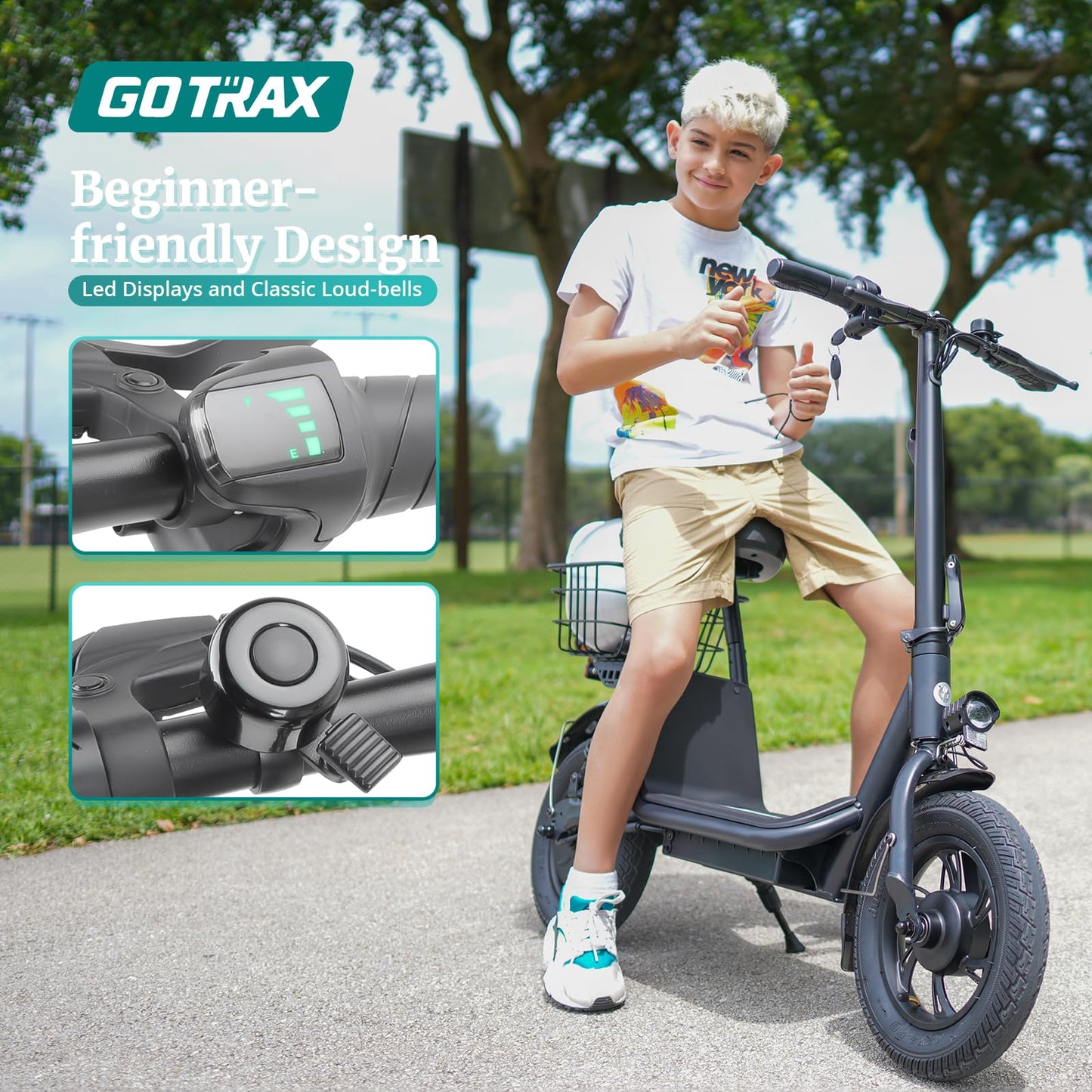 Gotrax A5 Electric Scooter w/Seat for Adults, 12" Pneumatic Tire, Max 15.5 Miles&15.5 Mph Power by 400W Motor, Dual Rear Shock Absorber&Dual Brake, Comfortable Wider Seat&Carry Basket& Hook, Black