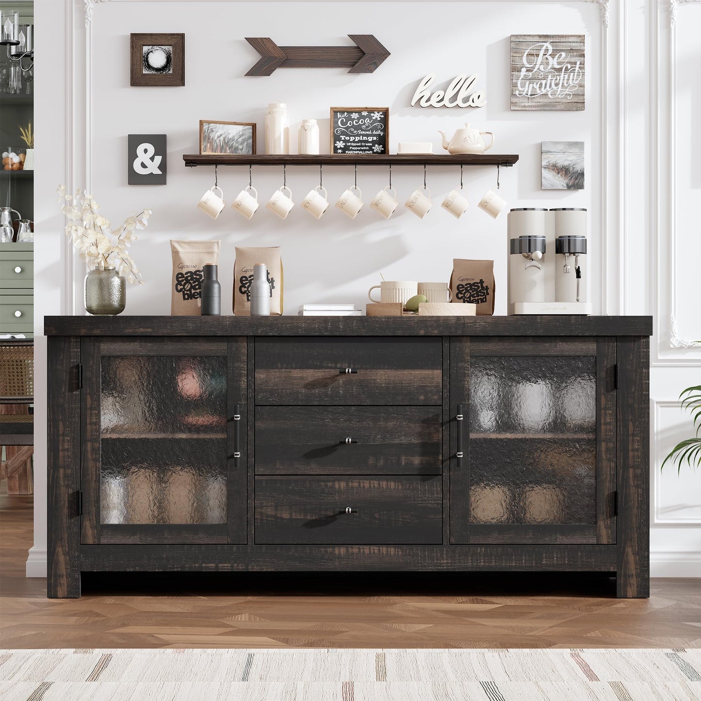 MilleLoom 54.4" Kitchen Buffet Sideboard Cabinet with 2 Glass Doors & 3 Drawers, Accent Storage Cabinet & Coffee Bar Table for Living Room Dining Room