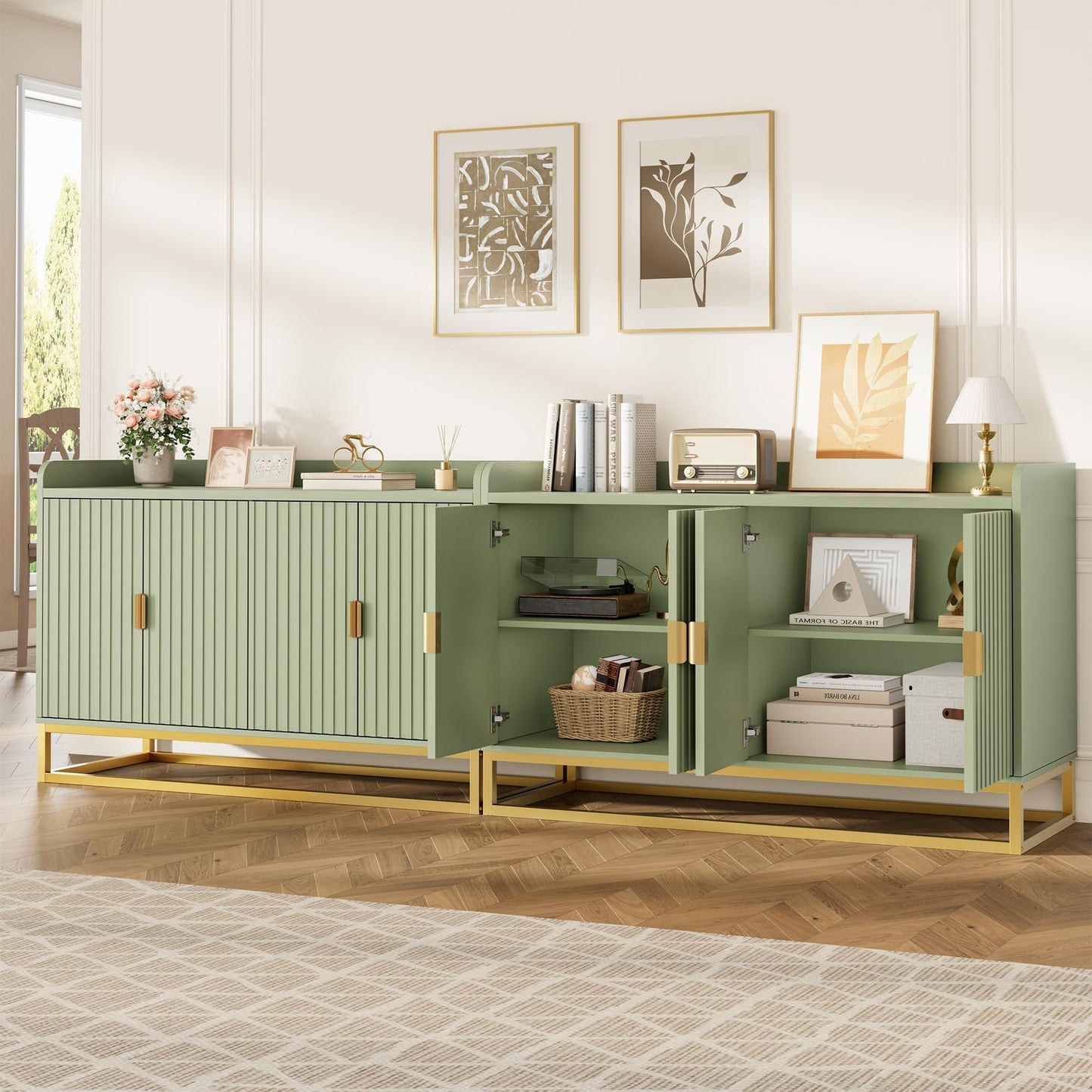 Garvee 47.2" Fluted Sideboard with Storage Cabinet, Modern Kitchen Sideboard with Adjustable Shelves, Media Console Buffet Cabinet with Doors for Living Room, Kitchen, Entryway, Green