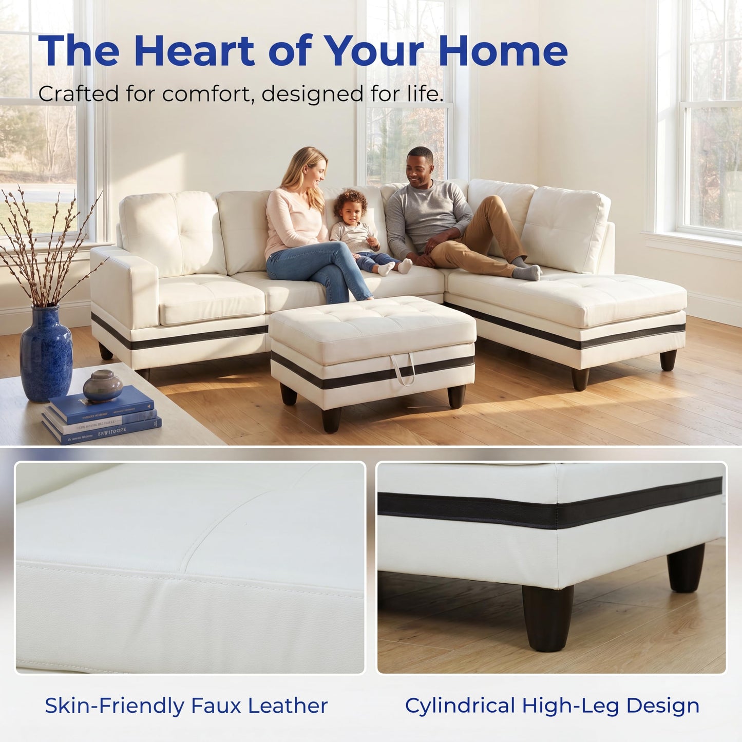 Topcomfy Leather L Shaped Sectional Couches for Living Room - 97.5“ x 66.5" Modular Sectional Sofa with Storage Ottoman, 4 Seat Home Sofa Living Room Furniture Sets with Chaise for Apartment, White
