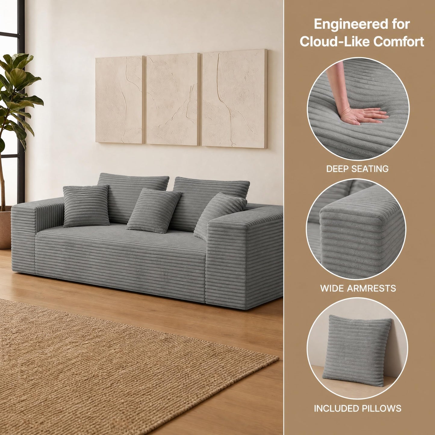 Trygoal 3-Pieces Sectional Boneless Couch Set for Living Room, Oversized Couch Including 3-Seater & 2-Seater & Single Chair, Deep Seat Sofa Set with Armrests & Pillows,No Assembly Required, Light Gray