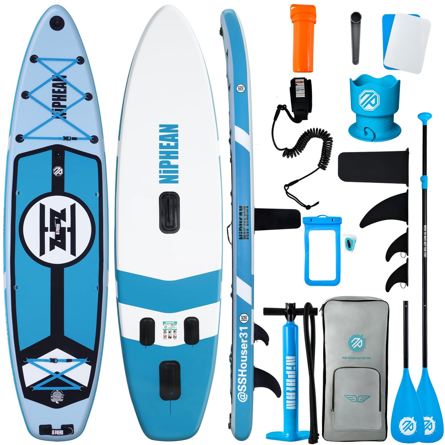 Niphean (Extra Large) Inflatable Paddle Board, SUP for 2+1 People/Family 500lbs Capacity Stand Up Paddle Board with SUP Accessories, StabilTrac Fin Non-Slip Paddleboard for Adults-Sky Blue