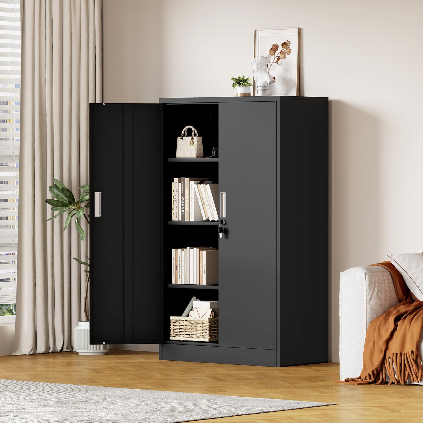 JINKUR Metal Storage Cabinet with Locking Doors and 3 Adjustable Shelves, Lockable Storage Cabinets for Home Office Garage Kitchen Pantry (Black)