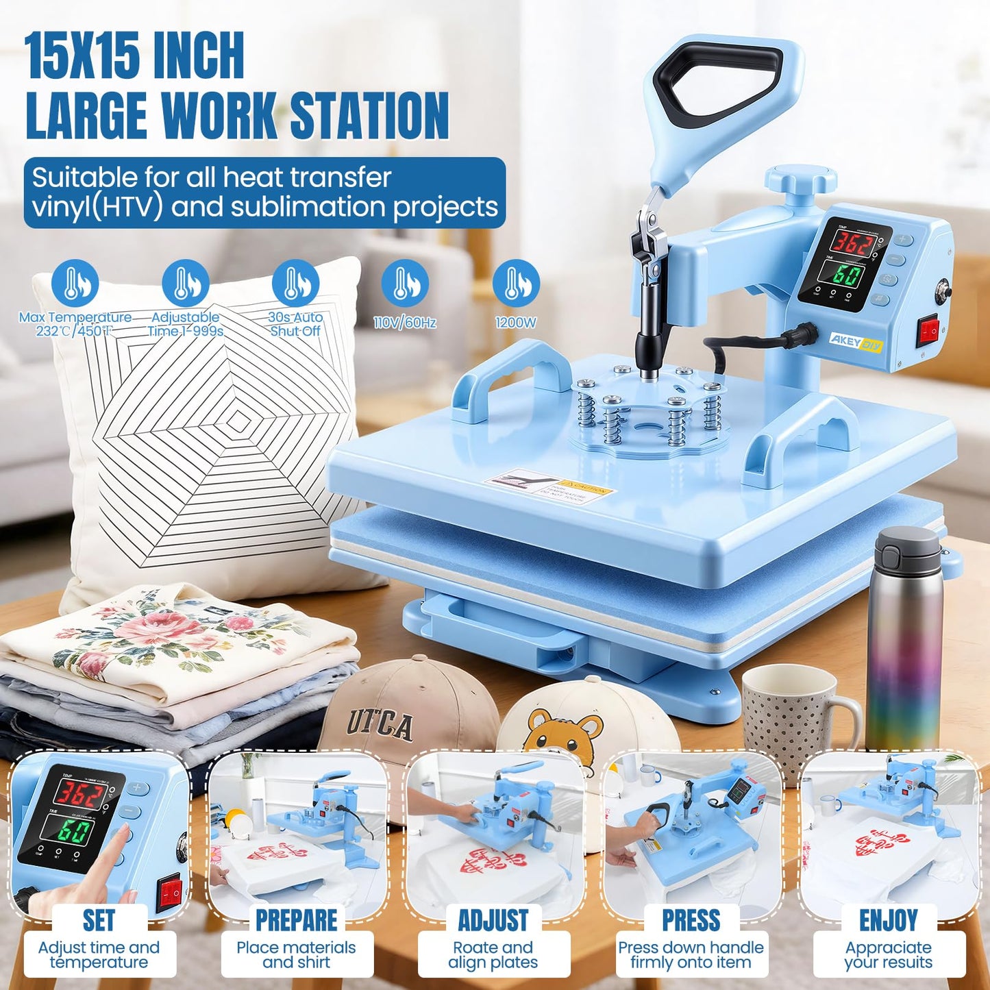 AKEYDIY Heat Press 15x15 inch 8 in 1 with 30OZ Tumbler Press, 360° Swivel Away Slide Out Digital Shirt Press Machine, Industrial Heat Transfer Machine Sublimation for T-Shirt (15x15-8 in 1 Blue)