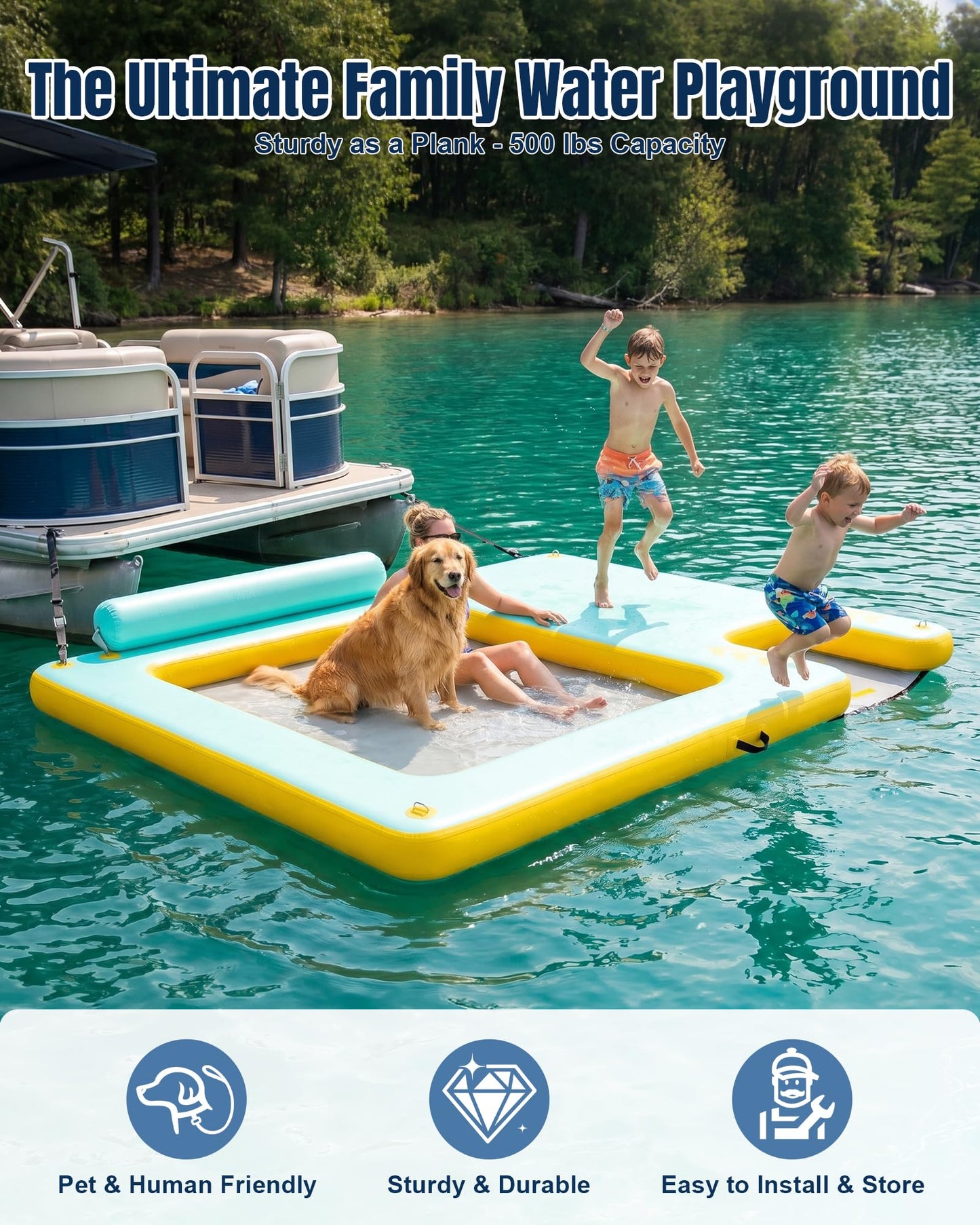 Inflatable Floating Dock for Dogs & Family Water Fun, 8FT/10FT Large Floating Island with Water Hammock and Easy-Access Dog Ramp, Portable Swim Platform for Lakes, Boats, Beaches and Pools