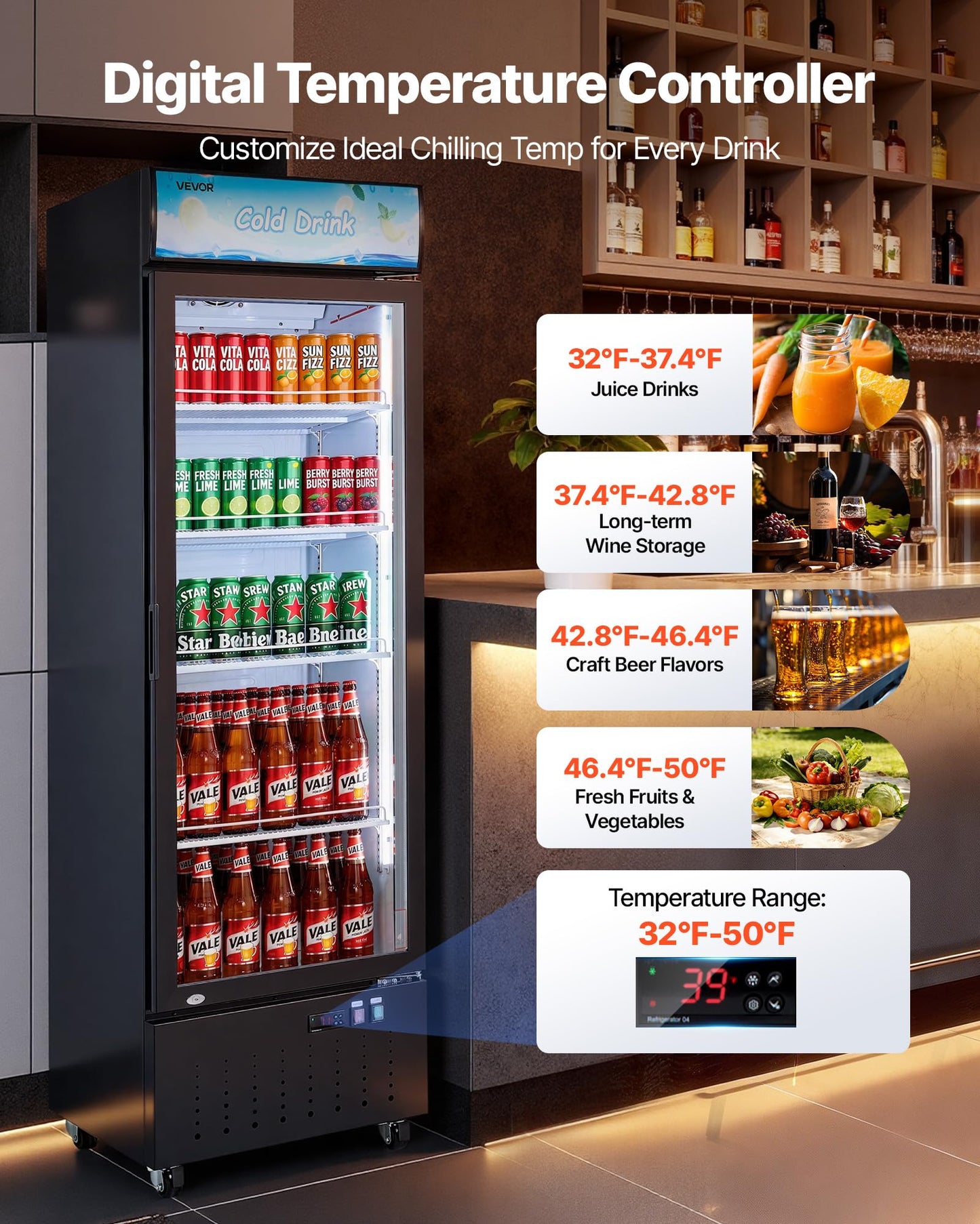 VEVOR Commercial Merchandiser Refrigerator, 12.7 Cu.Ft / 360 L Glass Door Display Refrigerator, Upright Beverage Cooler with Customizable Lightbox, 4 Adjustable Shelves & Soft LED Light for Home Shops