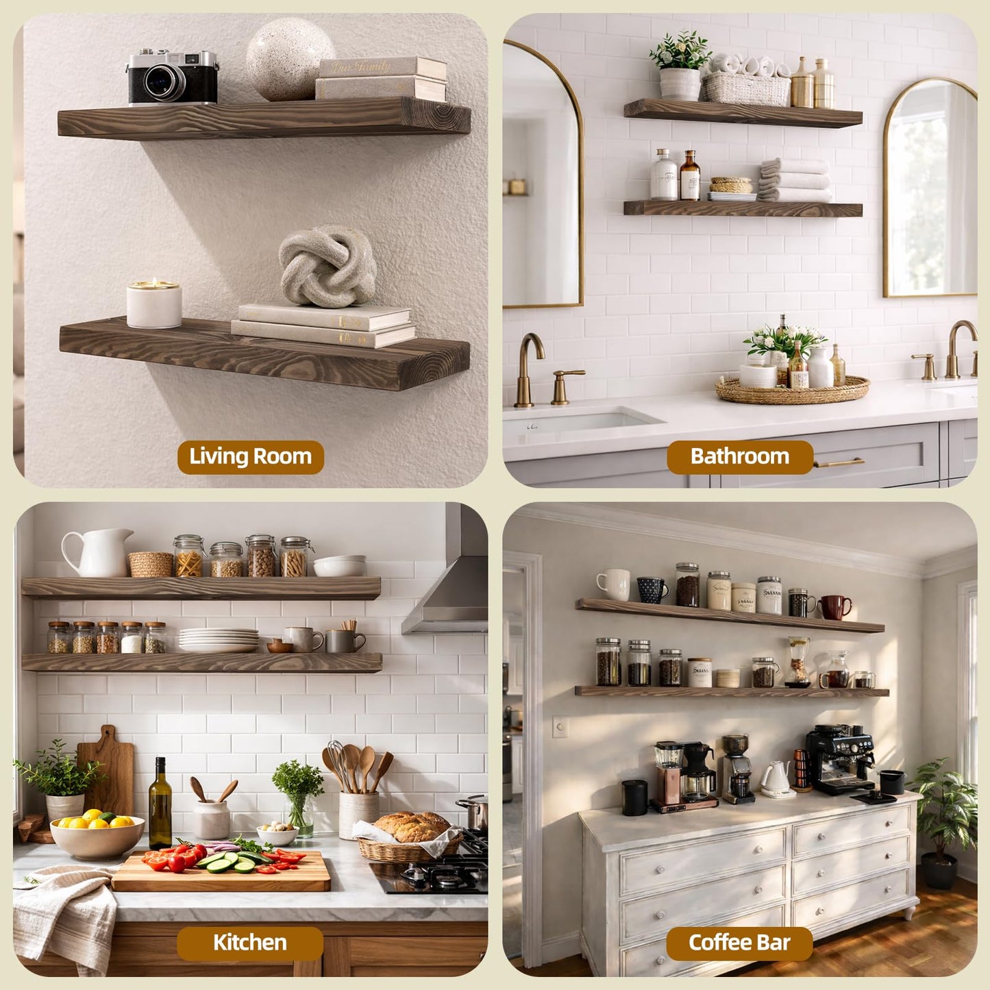BANFFLOW 24 Inch Long x 8.66 Inch Deep Floating Shelves for Wall, Set of 2 High-End Solid Wood Shelves with Sturdy Hidden Brackets, Dark Walnut, for Living Room Kitchen Bathroom Study Room