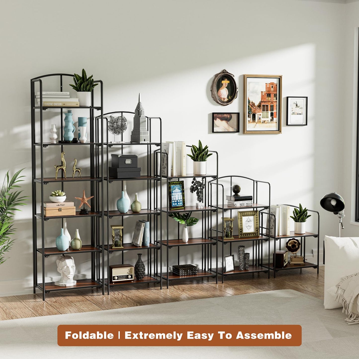 Crofy 5-Tier Foldable Bookshelf, Black Frame & Walnut Shelves