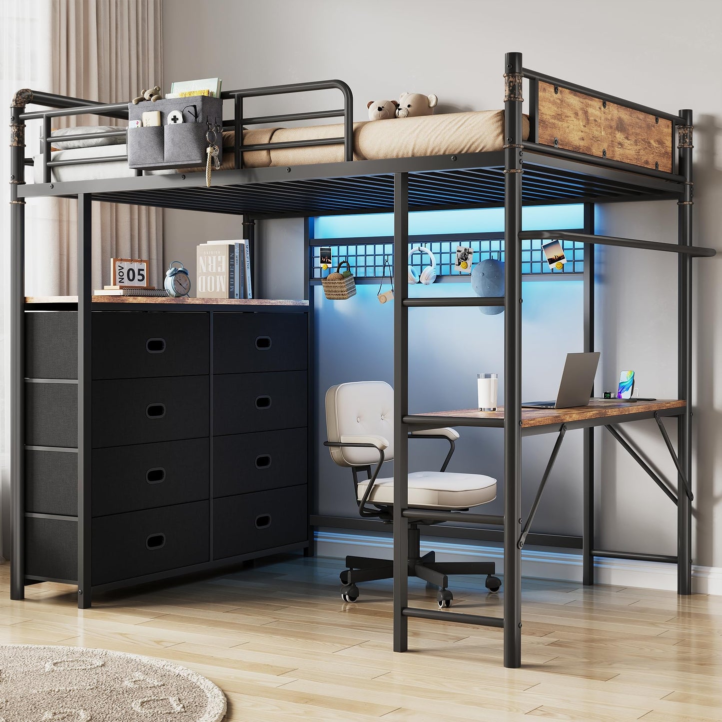 Twin Loft Bed with Desk and 8 Storage Drawers, Metal Loft Bed Twin Size with LED Lights & Charging Station, Bed Frame with Hanging Rod, Safety Guardrail & Ladder, for Kids & Teens (Rustic Brown)