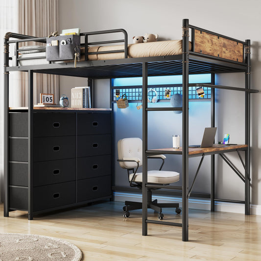 Twin Loft Bed with Desk and 8 Storage Drawers, Metal Loft Bed Twin Size with LED Lights & Charging Station, Bed Frame with Hanging Rod, Safety Guardrail & Ladder, for Kids & Teens (Rustic Brown)