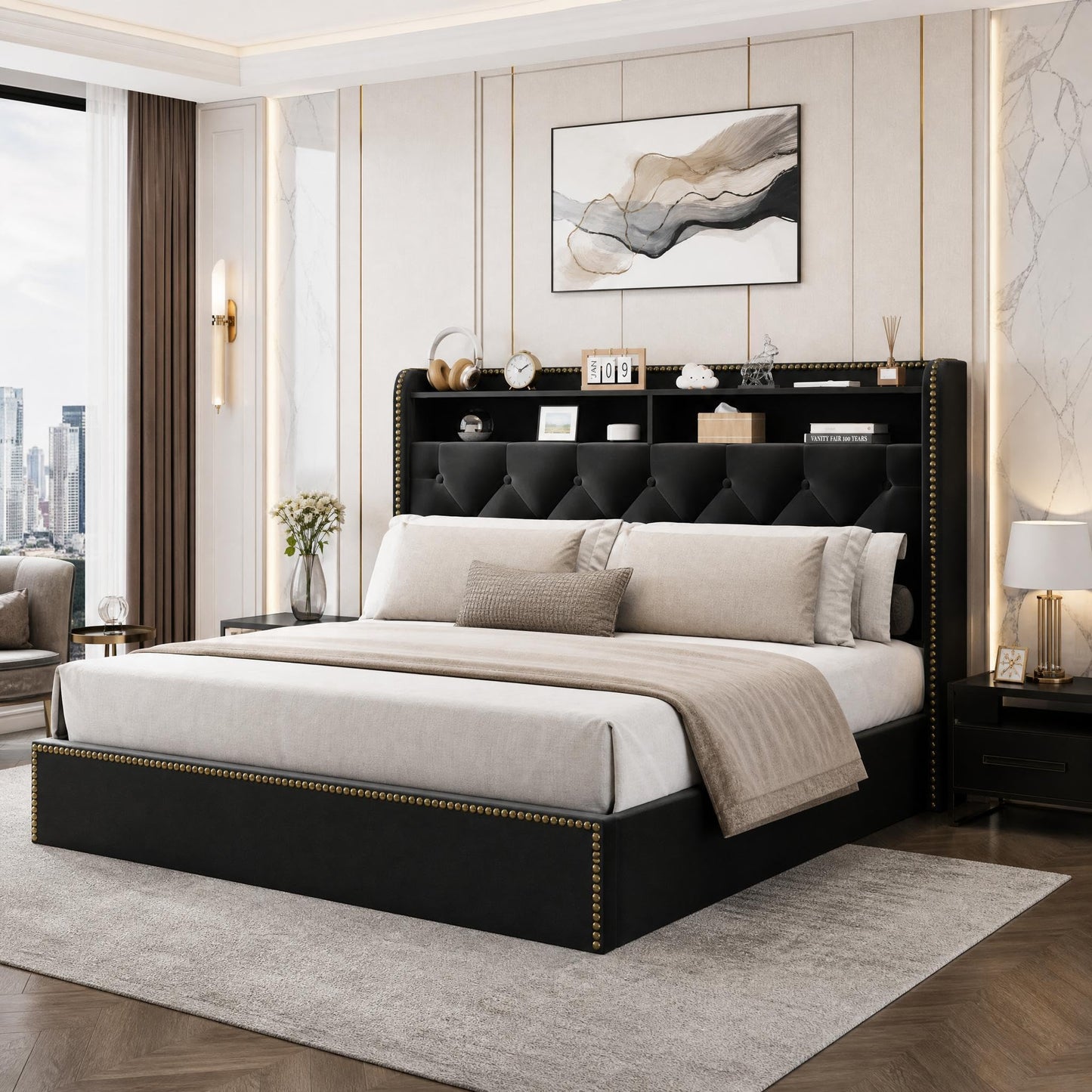 Queen Size Black Velvet Storage Bed with Shelved Headboard and 4 Drawers, Tufted Upholstered Platform Bed Frame with Nailhead Trim, Metal Support Slats, No Box Spring Required, Easy to Assemble