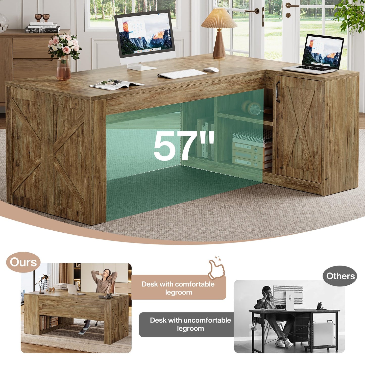 Tribesigns 71 Inch Executive Desk with Storage Cabinet, Large Office Desk L Shaped Computer Desk with Storage Shelves, Business Furniture Desk Workstation for Home Office, Rustic Brown