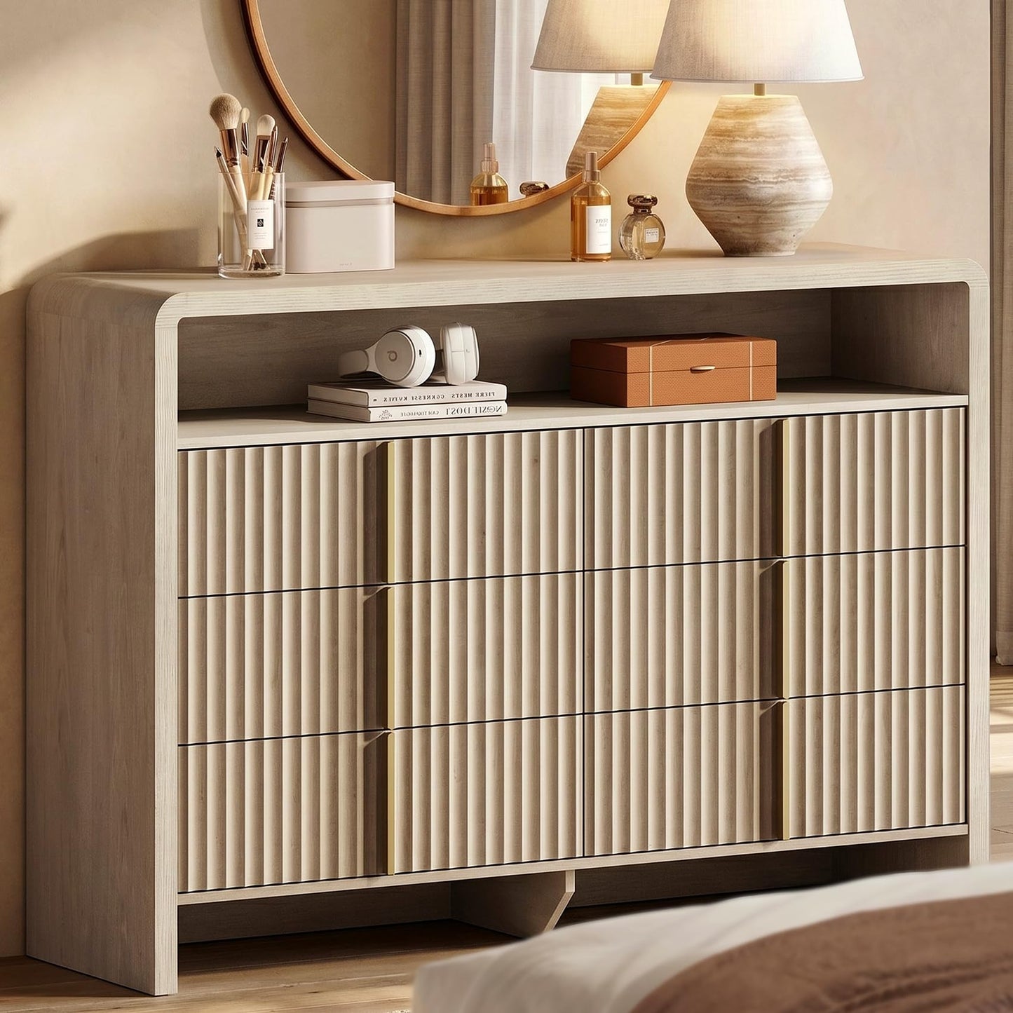 ModernMate 6 Drawer Dresser with Open Shelf, 53.2" Wide Fluted Dresser for Bedroom, Wood Chest of Drawers, Modern Storage Cabinet with Metal Handles, Anti-Tip Clothes Organizer, White Alder