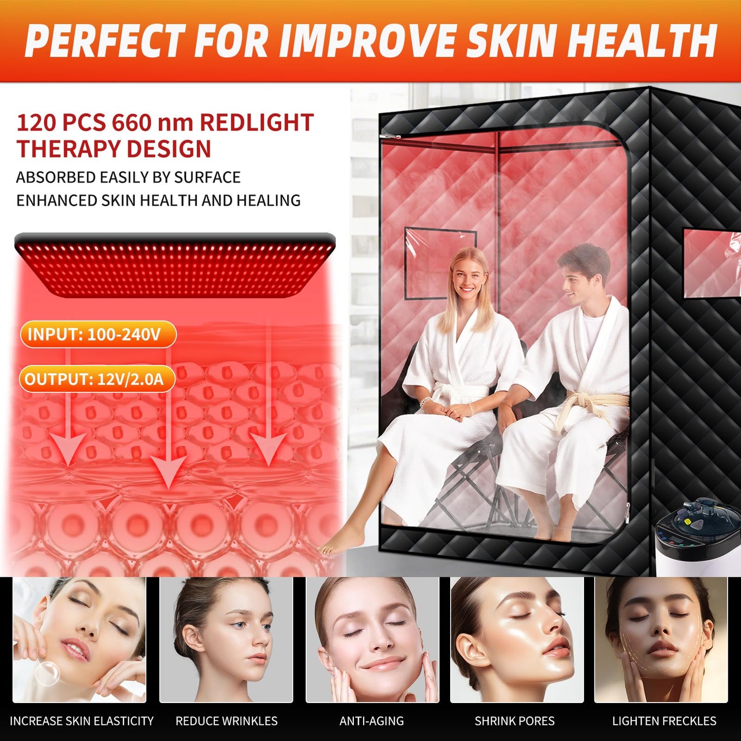 amocane 2 Person Portable Steam Sauna, 660nm Red Light Therapy Sauna with Remote Control, Full Body Infrared Saunas Tent with 4L Steamer & 2 Chairs Full Size Sauna for Home Spa