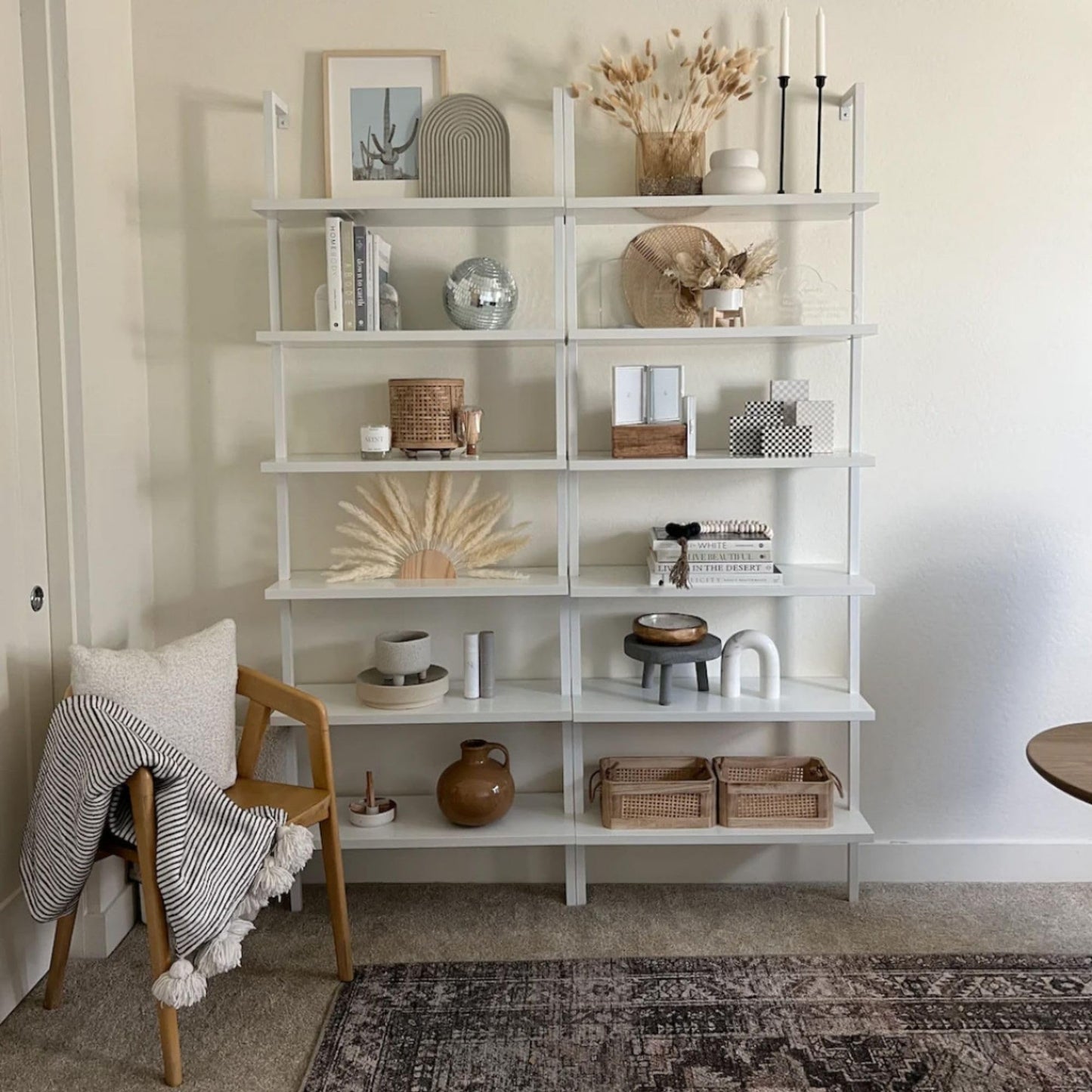 Nathan James Theo 6-Shelf Tall Modern Bookshelf, Wall Mount Ladder Shelf Bookcase with Wood and Industrial Metal Frame, Matte White