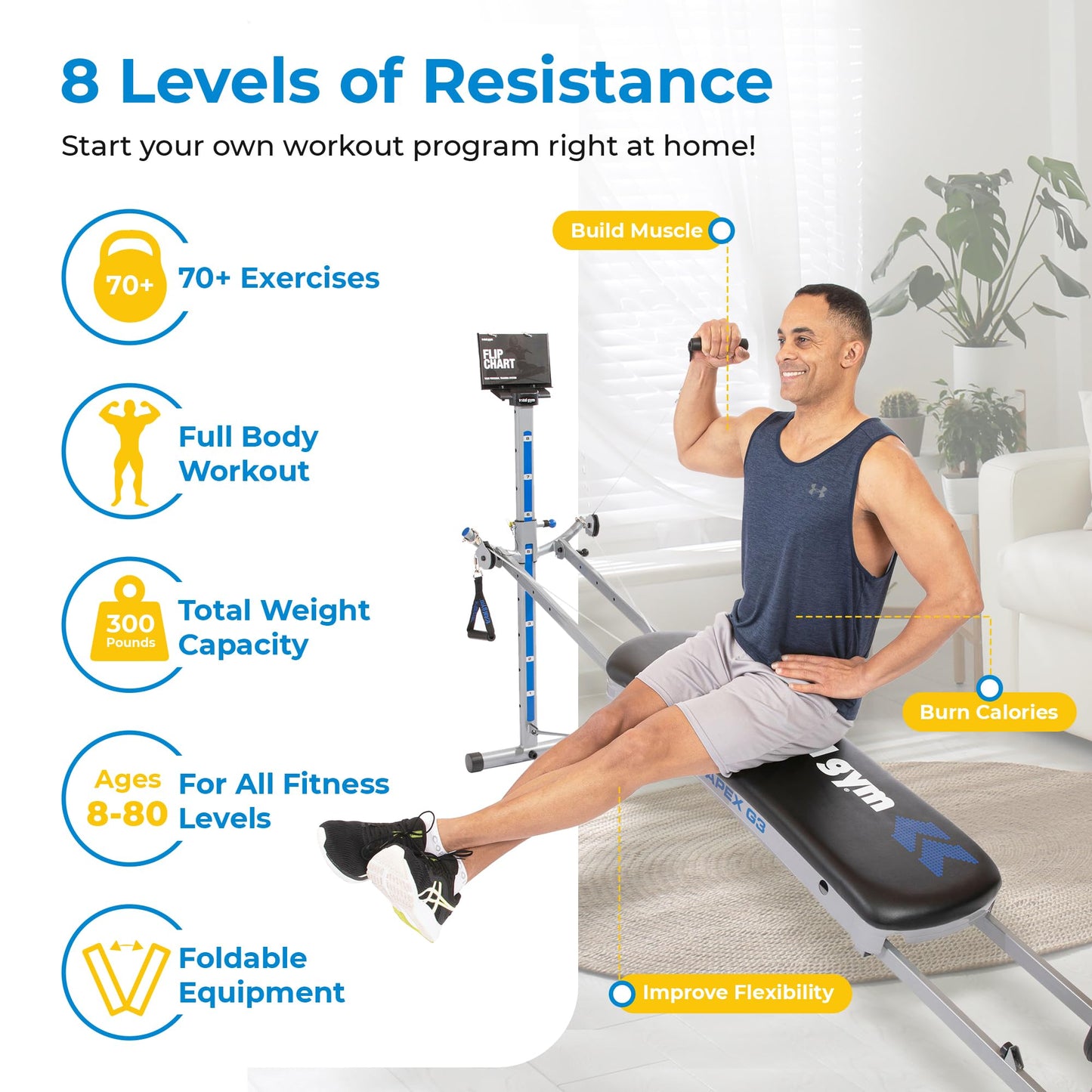 Total Gym Apex G3, Slim-Frame Incline Bodyweight Training Home Exercise Machine w/ 8 Levels of Resistance, Squat Stand, & Basic Accessory Set