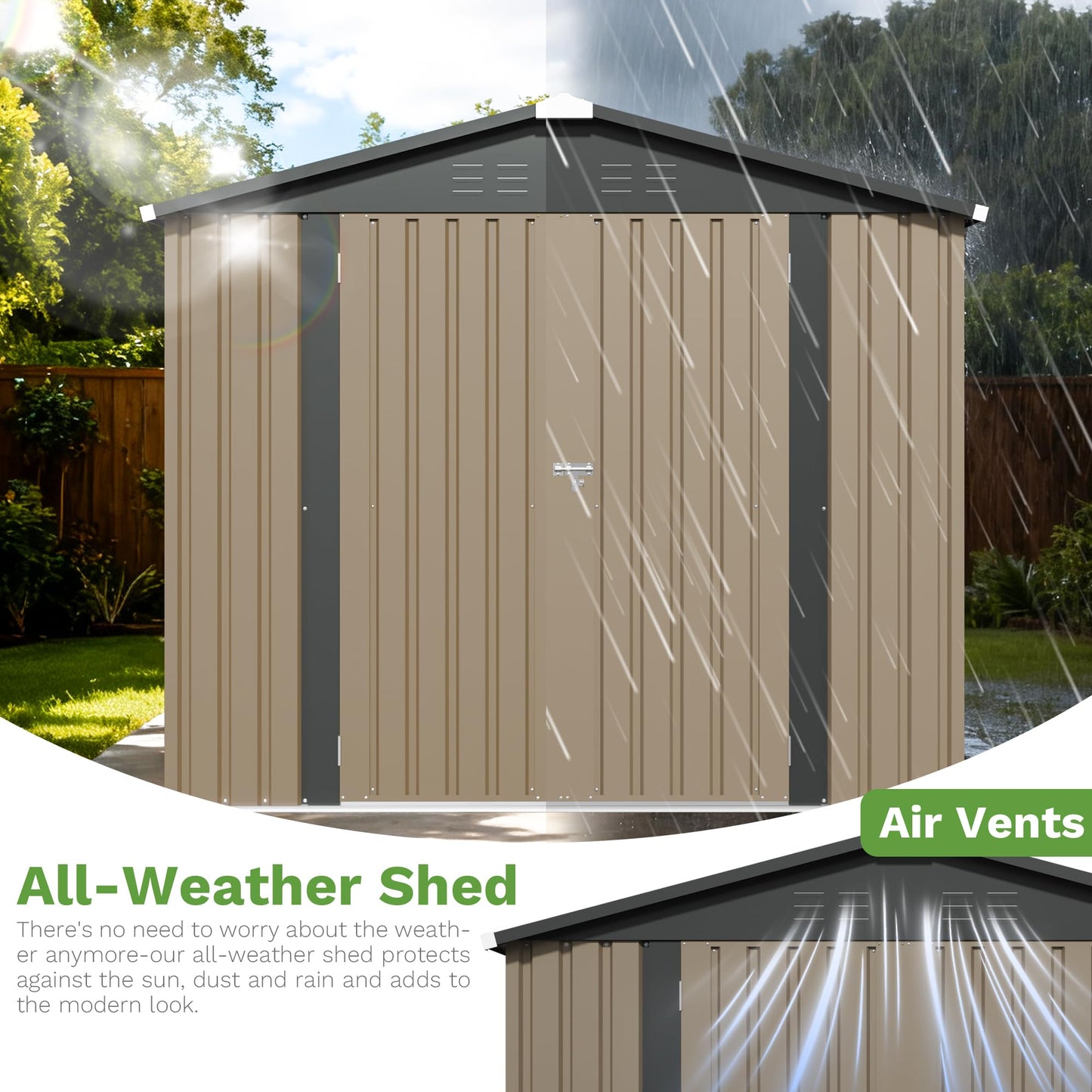 Patiowell 8x8 FT Storage Shed with Lockable Door, Metal Tool Outdoor Sheds with Sloping Roof, Modern Utility Patio Shed for Lawn Garden Backyard, Brown