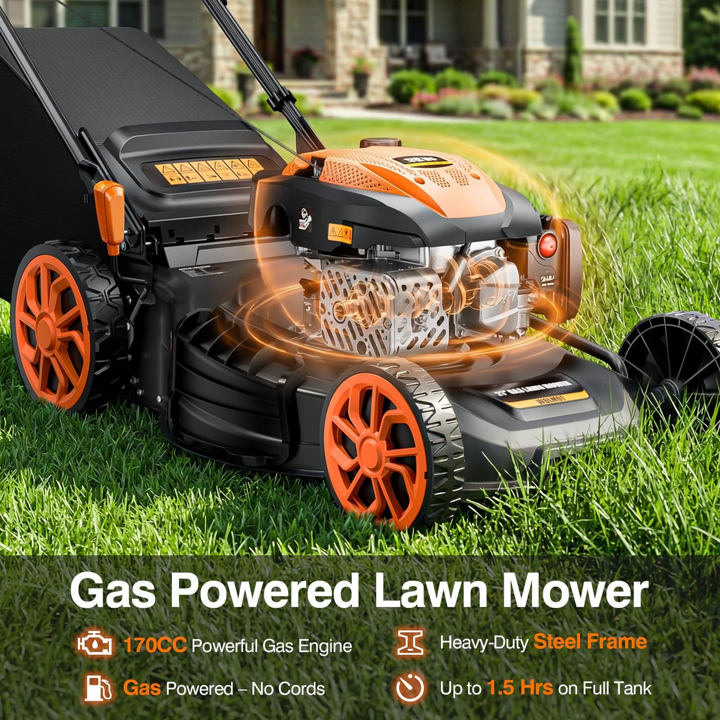 21” Self-Propelled Gas Lawn Mower, 170CC 4-in-1 Mulch/Rear Bag/Side Discharge/Rear Discharge, Foldable Gas Powered Lawn Mowers with 7-Position Cutting Height, Walk-Behind Gas Lawnmower (Yellow)