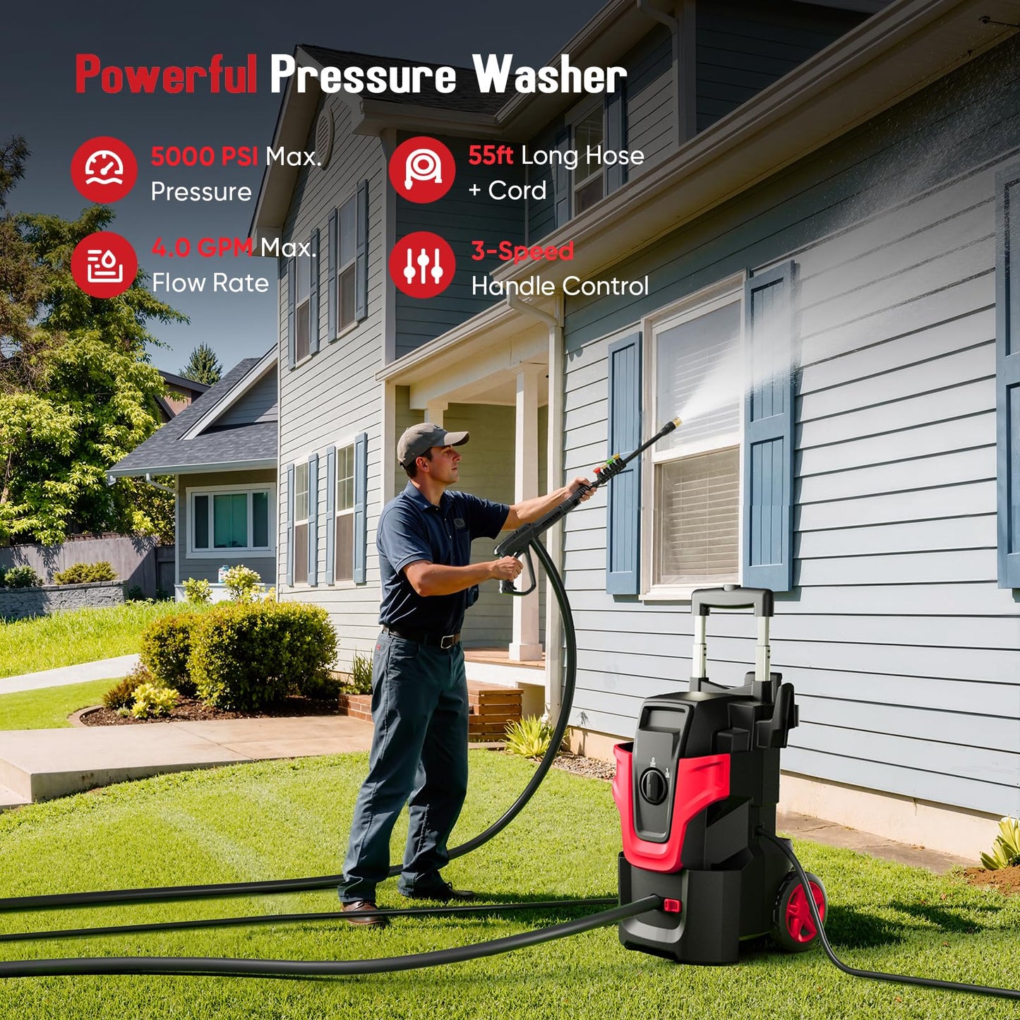 5000PSI Heavy Duty Pressure Washer, 3-Speed Adjustable Power Washer with 2-Stage Pull Rod, 4 Nozzles, Foam Cannon & 500ml Soap Bottle for Car, Home & Outdoor Cleaning,Red