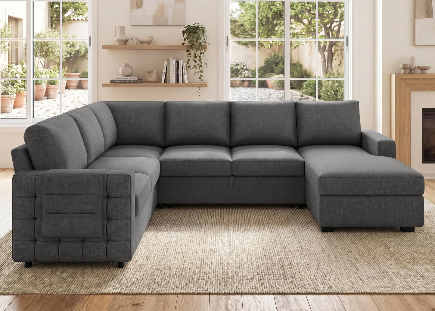 HONBAY Sectional Sleeper Sofa with Pull-Out Bed Storage Chaise, 6 Seaters Couch for Living Room, Light Grey
