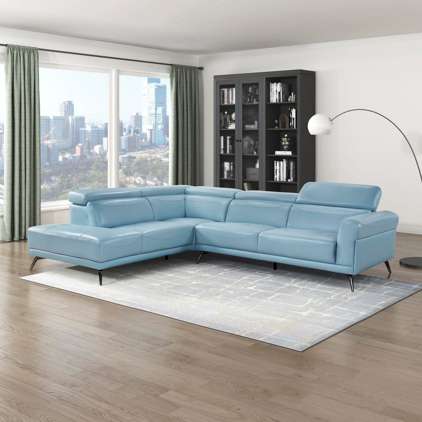 Lexicon L-Shaped Sectional Couch with Left Chaise, Top Grain Leather Match Sectional Sofa, Adjustable Headrests, Black Chrome Metal Legs, High-Density Cushions, Stitching, for Living Room, Blue
